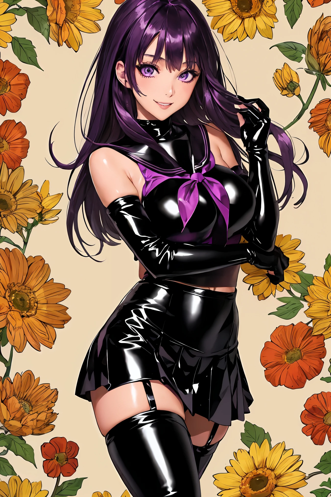 1girl, solo, floral background, purple hair, long hair, purple eyes, large breasts, bare shoulder, black pvc outfit, , (black pvc serafuku:1.4), (black pvc pleated skirt:1.2), black pvc elbow gloves, black pvc thigh boots, (garter straps:1.2), evil smile, shiny hair, shiny skin, smile, face focus, beautiful face, detailed eyes,