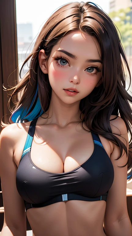 (best quality, masterpiece, colorful, dynamic angle, highest detailed), closeup, upper body photo, cute girl, most beautiful, intense long red hair, wearing (black sports bra), (ultrahigh resolution textures), cleavage, large breasts, hands in front of body, bokeh, (intricate details, hyperdetailed:1.15), detailed, (extreme detailed, highest detailed), HDR+