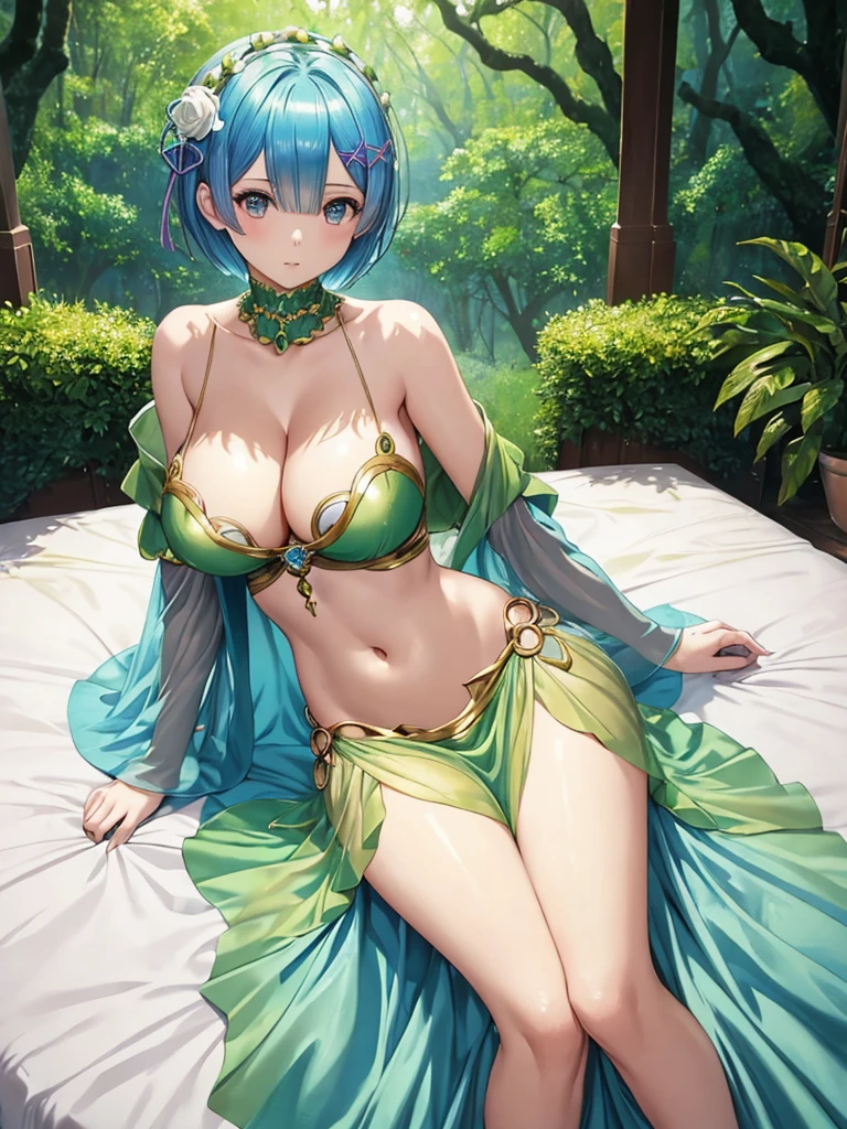 (masterpiece), (highest quality), (Super detailed), official art,Rem,Re:zero,one girl, blue hair,short hair , big breasts,Big, Green, gold and silver see-through dress, No sleeve, off shoulder, cleavage, thigh focus, Navel exposed, Bare skin of the lower half of the chest, deep-forest,Bed,