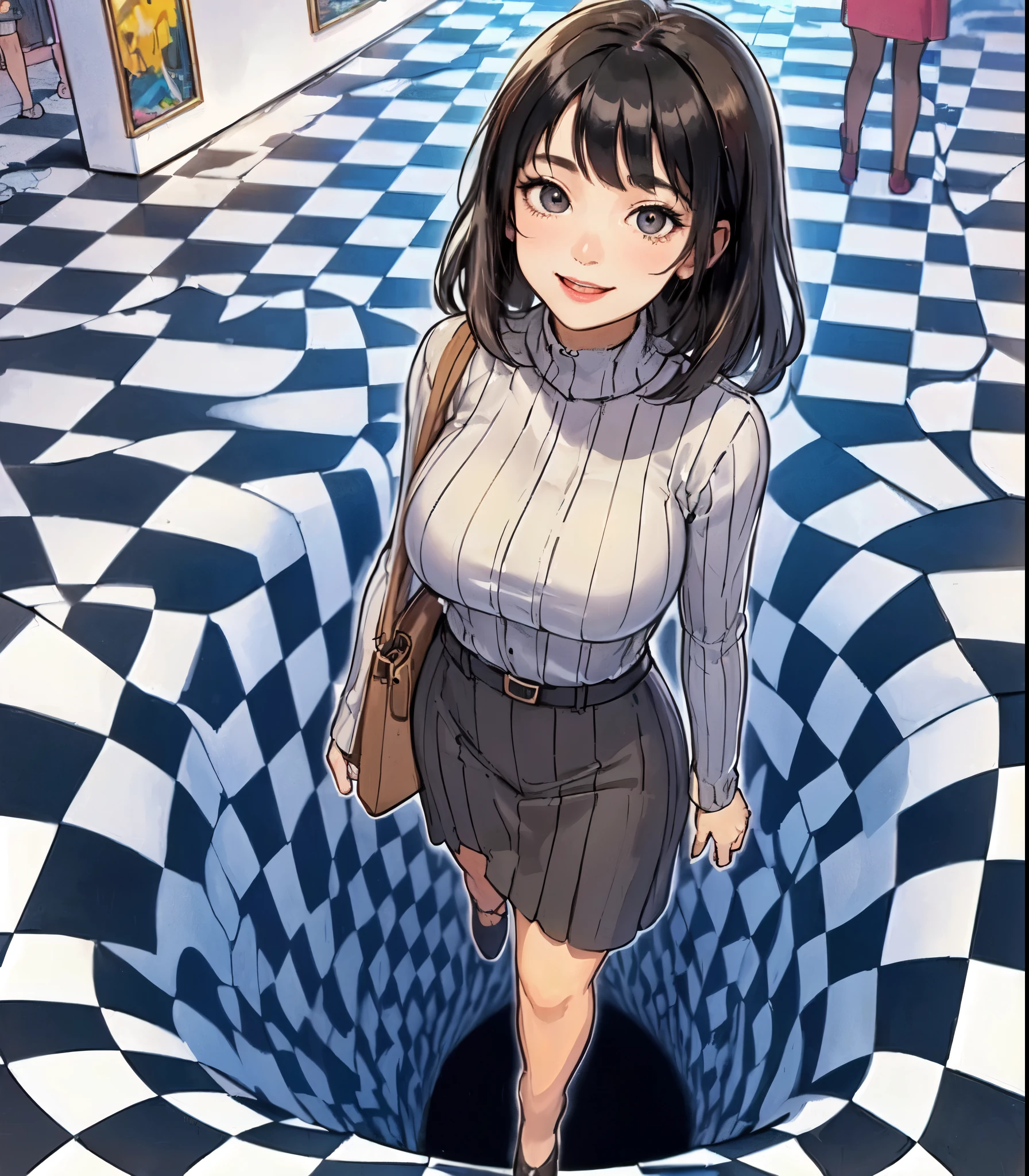 1lady solo (from above), (standing over hole in the floor), (looking up at viewers), (turtleneck sweater) stylish, mature female, /(black hair/) bangs, blush joyful smile, (masterpiece best quality:1.2) delicate illustration ultra-detailed, large breasts BREAK (optical illusion:1.2), (floor that appears to have a large hole:1.2), deep hole BREAK (trick art museum) indoors, crowded, detailed background