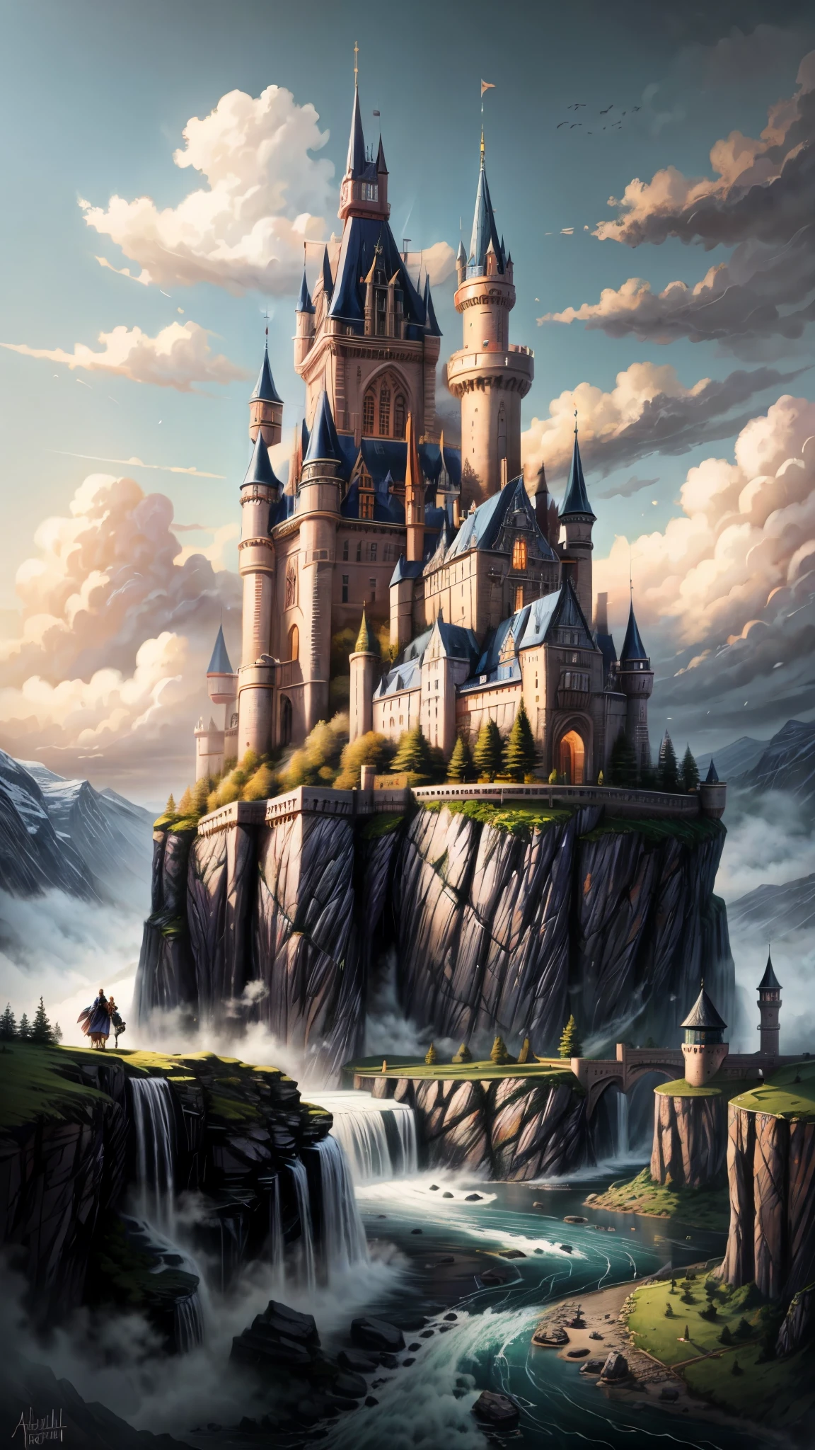 a painting of a castle on a mountain with a river running through it, high fantasy castle, fantasy castle, epic castle with tall spires, castle on the mountain, silvain sarrailh, andreas rocha style, fantasy art style, beautiful castle, castle background, fantasy style art, epic castle, andreas rocha and john howe, gigantic castle, 4k fantasy art