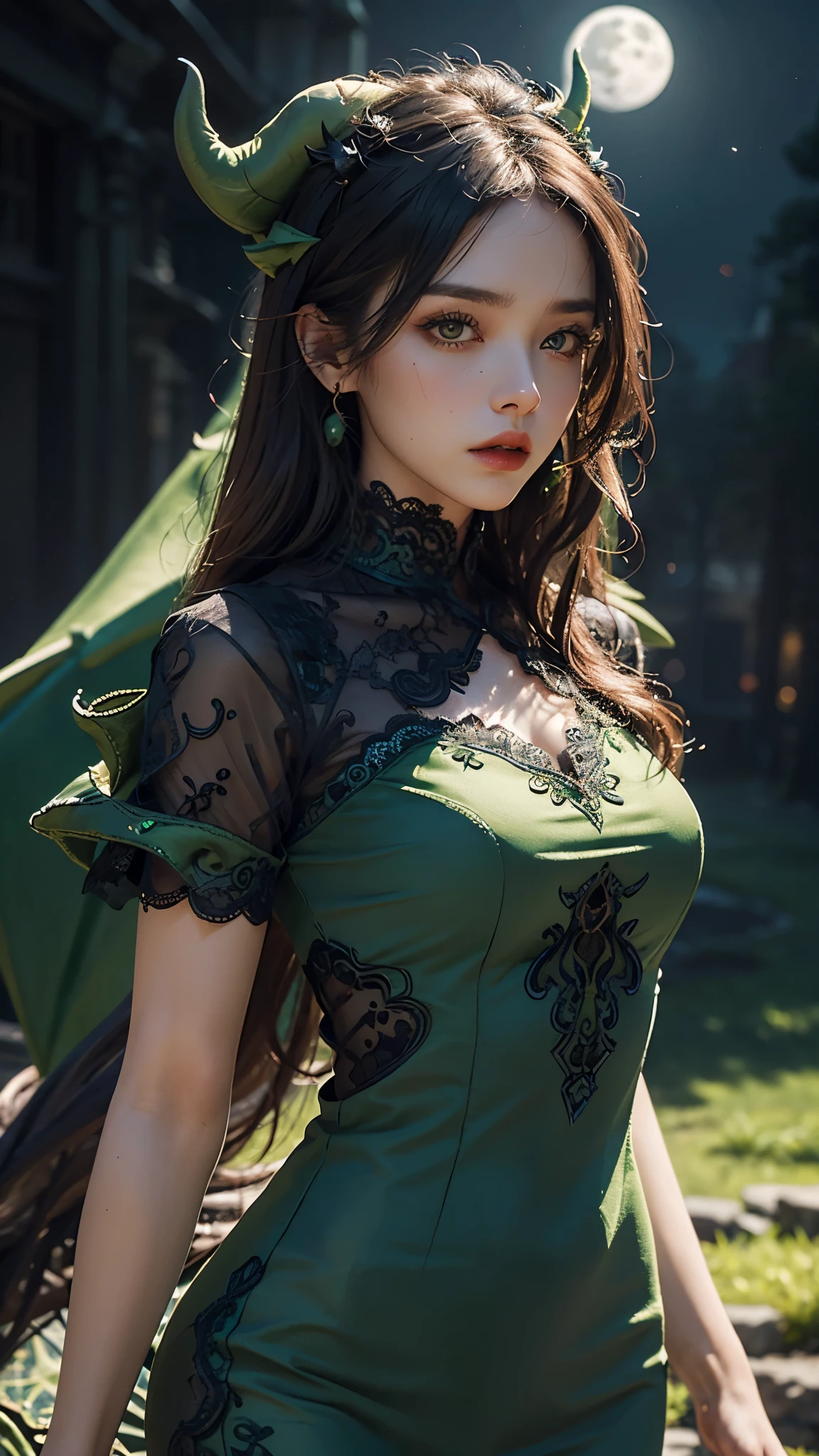 8K, ultra HD, very detailed, masterpiece, 1 girl, white face, detailed eyes, detailed lips, medium beasts, (very detailed dress:1.5), (green devil dress:1.5), lace:1, darkness, moon background, scary scenery,