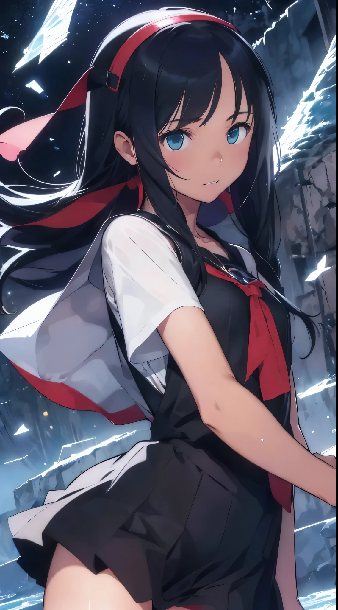 最high quality、best image quality、masterpiece、Android Girl((16 years old, Cybersuit glowing black, red and white、Blue energy source for the chest,vest bust、bust 90、Light blue shiny hair、long hair,Cyber Skirt、bluish green eyes、open your chest wide、valley、happiness、Slender、mysterious face、Drifting in the air,particles of light、Sharp claw arm,battered body、middle、shining eyes、Hold out your hands、Blue visor))high quality、beautiful art、With background((Fantastic Universe、beautiful universe、Cosmix Pace、Scattered glass fragments))、table top、elaborate design、visual art、Theatrical films