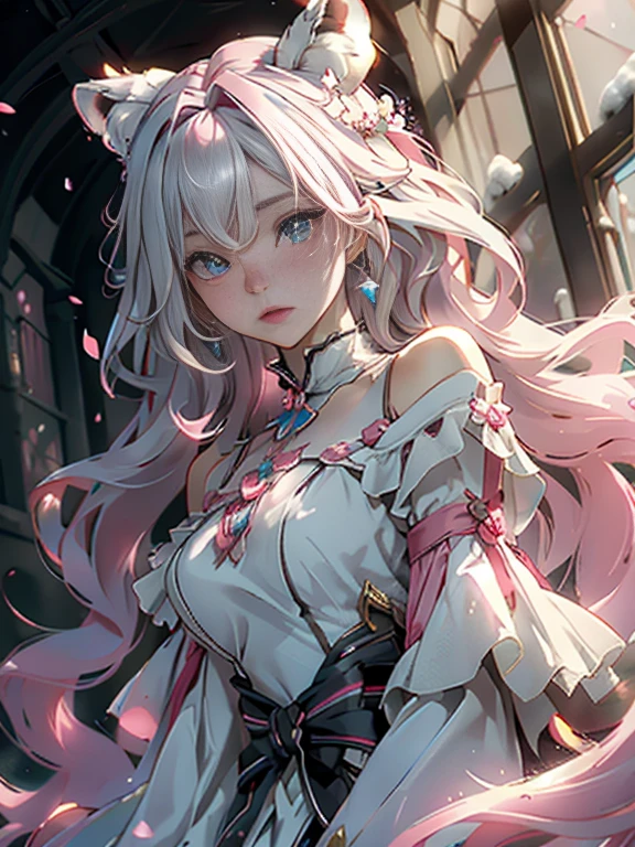((best quality)), ((master piece)), (detailed:1.4), beautiful cyberpunk woman image,HDR(high dynamic range),ray tracing,NVIDIA RTX,super resolution,fantasy 5,Scattered beneath the surface,PBR texture,Post-processing,anisotropic filtering,Depth of bounds written,Maximum clarity and sharpness,multilayer texture,Albedo and specular maps,surface coloring,Accurate simulation of honey-material interactions,perfectly proportioned,Rendering with Octane,two color light,Large Diameter,Low ISO,White balance,rule 3 points、8K raw data、Beautiful bright blue pupils,off shoulder clothes,fine student,delicate face and eyes,long eyelashes,blush,delicate and fluffy hair,pink lip,Pure,cute face,sweet girl,artistic sense,casual wear,Advanced Sense,butterfly,cherry blossom petals,beautiful hair accessories,long hair and waist,hair blowing in the wind,Snow-white fox ears,curly,Snow-white fluffy tail,positive light,The light from the rear window is backlit.,in the majestic throne room,renaissance style architecture