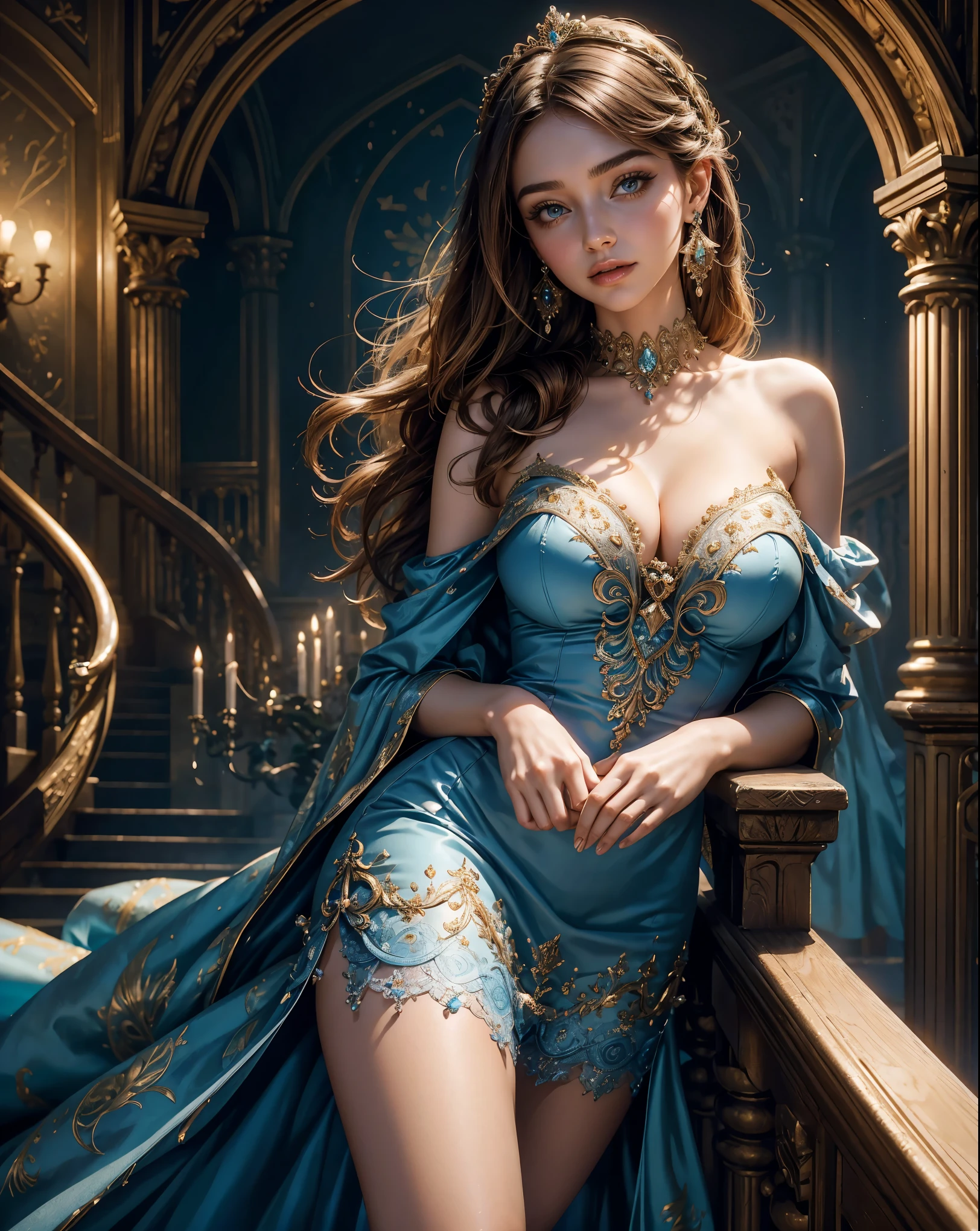 (1girl:1.3), extremely detailed,(fairytale art:1.1),(fantasy castle:1.1)(detailed background:1.3),highest detailed,(zentangle:1.2), (sexy pose), (shiny skin), ,(earrings:1.4), slim girl, indian goddess, woman in a blue mini short dress standing on a set of stairs, olivia culpo as milady de winter, disney's princess, closeup shot, ellie bamber fairy, singing at a opera house, carmelo blandino, cinderella, sexy cindrella look, sitting on a grand staircase, disney princess, fairytale style, eleanor tomlinson, emma watson wearing fancy fish, wearing a wonderful mini dress, sky - blue dressa woman in a blue shorts dress posing for the camera, sfw huge breasts, low cut dress, covered sfw huge breasts, portrait sophie mudd, enormous, opened dress, smile on face, sexy pose, black hair, tube-top dress, beautiful sexy woman photo, buxom, big breasts, beautiful woman body, ratio, red dress, sexy blue dress, wearing a blue sundress, julia hill Anime,One girl,red-eyed,blond hair,Light blue dress,1pple,solo,off-the-shoulder,Western castle in the background ( beautiful castle in background a picture of a castle in the middle of a forest, ornate palace made of green, transylvanian castle, by Ion Andreescu, ukraine. professional photo, beautiful castle, romanian heritage, by Ferenc Joachim, by Stanley Bahe, luxury castle, by Gabor Breznay, ukraine, fairy tale place, high fantasy castle, transylvania)