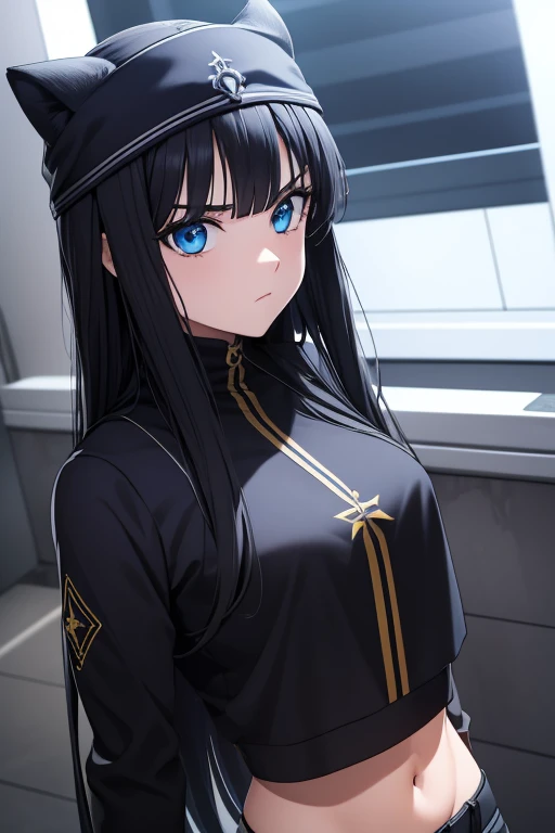CIDADE, melhor qualidade, high resolution, Rosto extremamente detalhado, perfect lighting, CG extremamente detalhado, Anatomia perfeita, anime, 2d, cabelo preto curto, mulher jovem, serious expression, olhos azul, mascara preta de gato, com luzes brilhantes roxas em sua roupa especial, pele lisa, com capacete especial do pantera negra, roupa colada