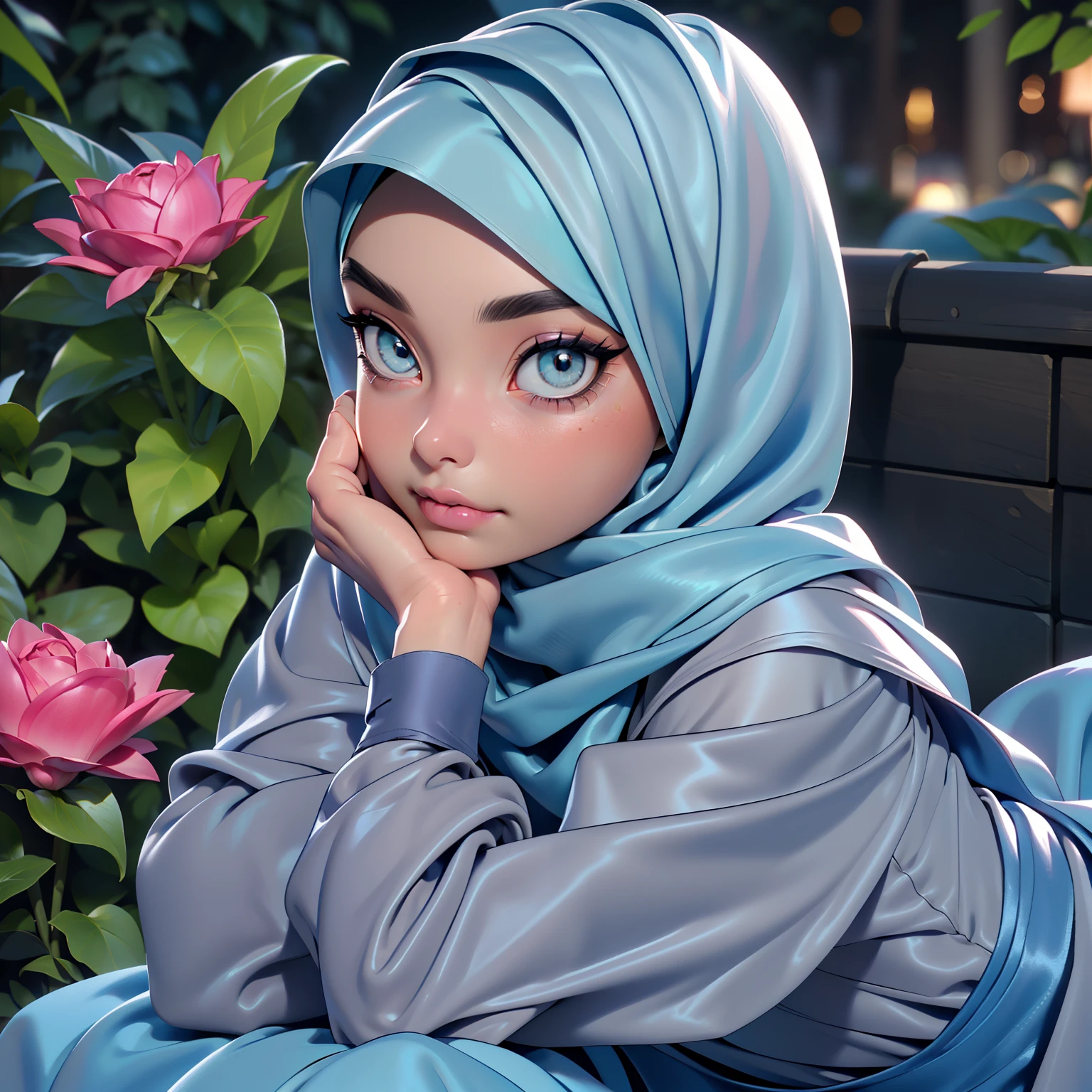 3dmm style, ((Masterpiece, best quality, photography, detailed skin, realistic, photo-realistic, 3D Character Design, pixar, real cartoon, High detail RAW colour art, diffused soft lighting, shallow depth of field, sharp focus, hyperrealism, cinematic lighting, ((close up)) hijab, a turkish lady, beautifully makeup, brown beautiful big eyes, long eye lashes, wearing ((Gray satin hijab)), loosely tide hijab style, ((blue satin shirt)), satin long maxi skirt, sitting in the garden, outdoors