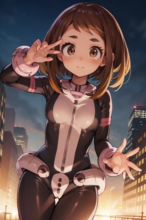 Ochako Ulaka, Ochako Uraraka, (Uraraka ochako:1.5), (brown eyes:1.5), brown hair, short hair, blush, blush stickers,
break (body suit:1.5), Perfect for your skin, superhero,
break outdoors, city,
break looking at viewer, cowboy shot,
break (masterpiece:1.2), highest quality, High resolution, unity 8k wallpaper, (figure:0.8), (beautiful and fine eyes:1.6), highly detailed face, perfect lighting, Very detailed CG, (perfect hands, perfect anatomy),