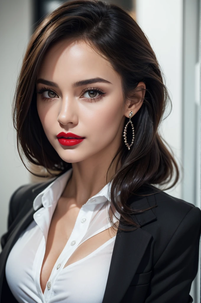 (Bella Sanchez), Belle jeune fille, Super nice facial detail, in an work office, suit, professionnal classy, elegant ((clivage, black jacket and white shirt)) (beaux seins), slim body, accessoires, earrings, High quality, Realistic, Very detailed, High definition, RAW color photo, ((Realistic full-body photo)), natural light, Beautiful Detailed, super detail, High Details, (red lipstick), ultra high res.photo realistic: 1.4, UDH,
