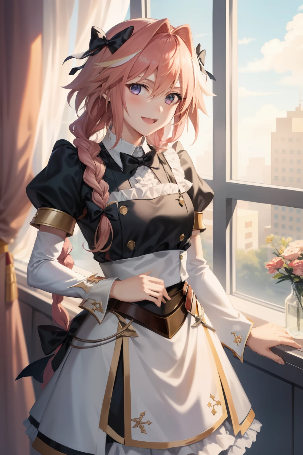 masterpiece, best quality, cloud strife, crossdressing, twin braids, male focus, frilled dress, hair bow, smile, looking at viewer, upper body, hotel room