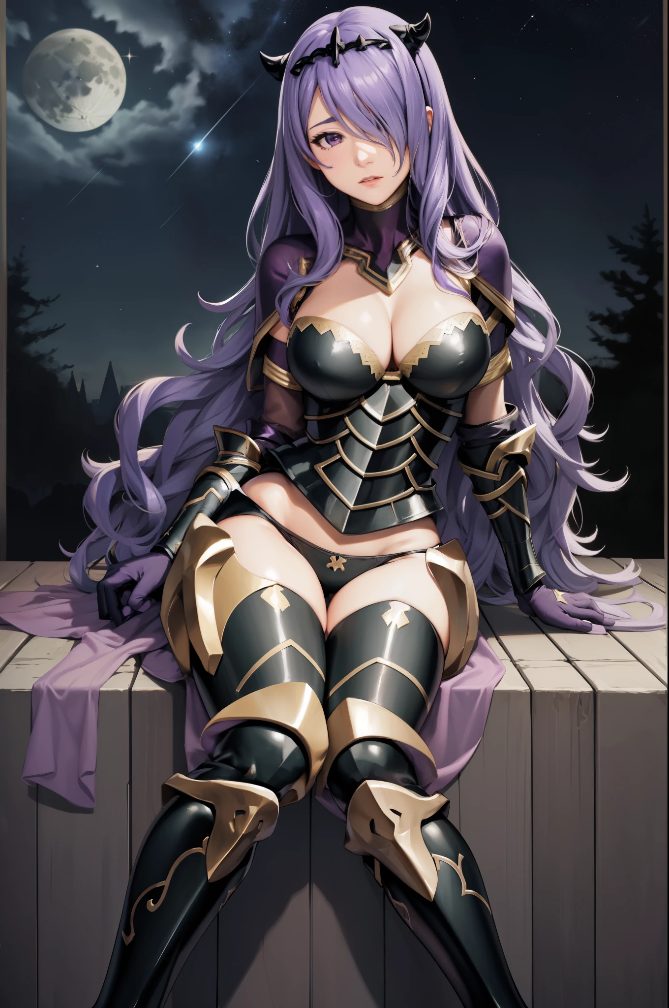 masterpiece, best quality, defCamilla, tiara, armor, gloves, gauntlets, black panties, thigh boots, sitting, looking at viewer, hand to heart, night, field, stars, sky, moon 