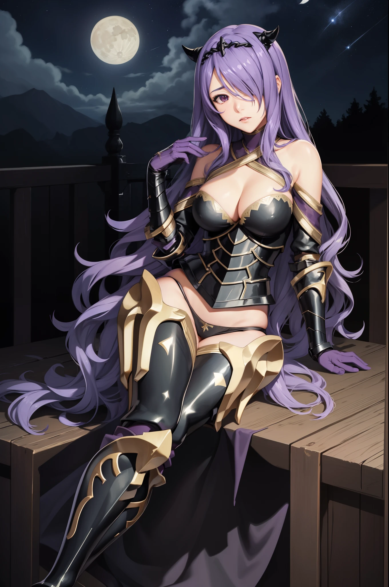 masterpiece, best quality, defCamilla, tiara, armor, gloves, gauntlets, black panties, thigh boots, sitting, looking at viewer, hand to heart, night, field, stars, sky, moon