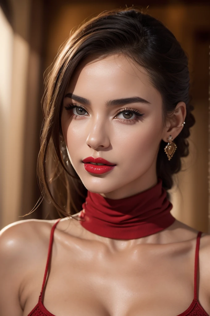 (Bella Sanchez), Belle jeune fille, Super nice facial detail, suit, professionnal classy, elegant, turtle neck, in a bar, warm pub, warm atmosphere, (beaux seins), slim body, accessoires, earrings, High quality, Realistic, Very detailed, High definition, RAW color photo, ((Realistic full-body photo)), natural light, Beautiful Detailed, super detail, High Details, (red lipstick), ultra high res.photo realistic: 1.4, UDH,

