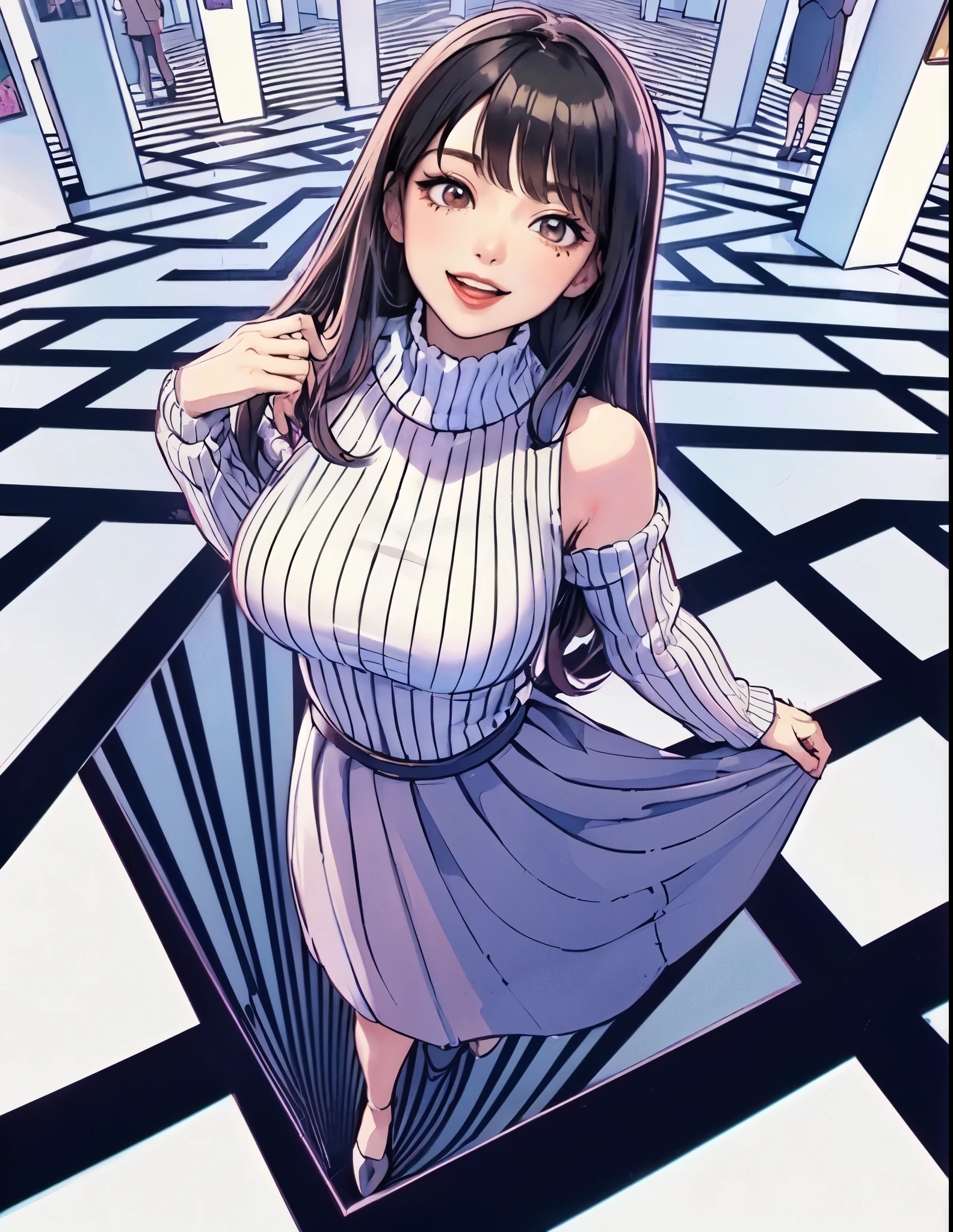 1lady solo (from above), (standing over hole in the floor), (looking up at viewers), (turtleneck sweater) stylish, mature female, /(black hair/) bangs, blush joyful smile, (masterpiece best quality:1.2) delicate illustration ultra-detailed, large breasts BREAK (optical illusion:1.2), (floor that appears to have a large hole:1.2), deep hole BREAK (trick art museum) indoors, crowded, detailed background