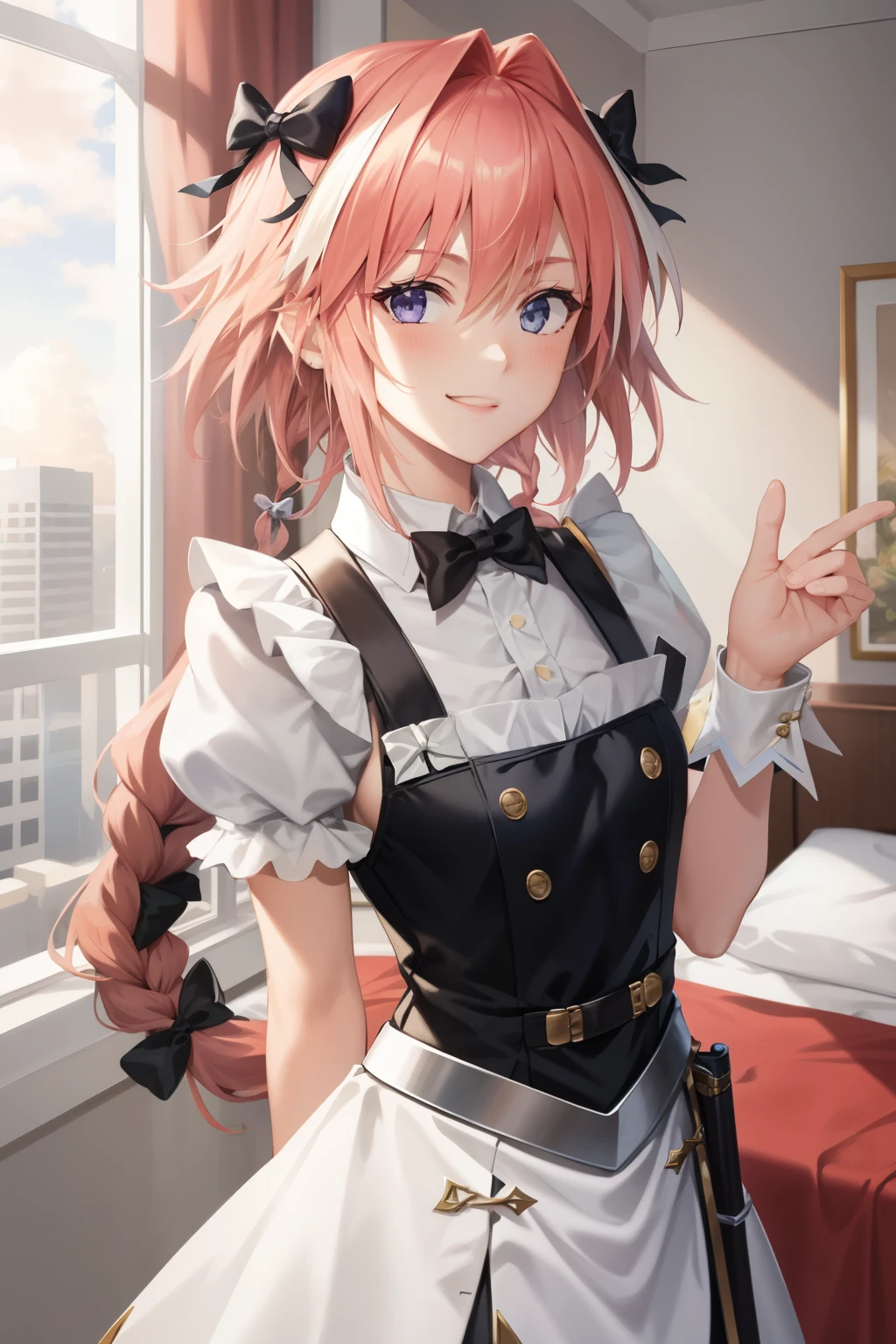 masterpiece, best quality, cloud strife, crossdressing, twin braids, male focus, frilled dress, hair bow, smile, looking at viewer, upper body, hotel room