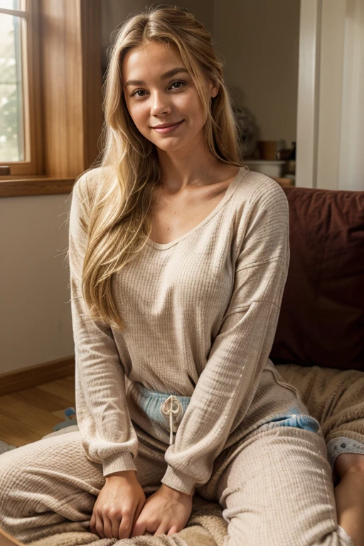 Raw photo, solo female, american, best quality、high resolution, photorealistic, hyper detailed, beautiful woman with (long brushed blonde hair:1.2), taken (webcam photo angle:1.2,), ((wearing complete top and bottom loungewear:1.1)) comfy clothing, (interior cozy suburban home, (afternoon)), sitting with coffee drink and straw, (comfortable), lovely sweet woman, dimples, ultra high res, RAW, relaxed arms, (hands are not in her lap), open, inviting gestures, warm and pleasant, posting from home living room, intimate POV, (she's close to webcamera:1.1))、a beautiful woman (High detailed skin:1.2), detailed eyes, ((video call))l asmr pov, (blushing:1.7,smiling:0.3, ), Leica camera quality, Digital SLR, Soft lighting, High quality, FujifilmXT3, afteroon sun、Taken inside her home、Sit down close to her, skin peachfuzz and pore details, radiant、natural Golden blonde hair in ponytail, A slight smile、american south Swedish, eye gazing with her, intimate relaxed style photoshoot