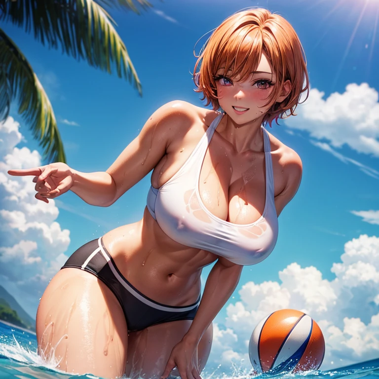 ((best quality)), ((masterpiece)), (detailed), perfect face,pink eyes , Athletic, tanned skin , cheerful face ,orange hair ,Wet , short hair ,Huge breasts , sport bra , blush , Wet , Heating , in the sea