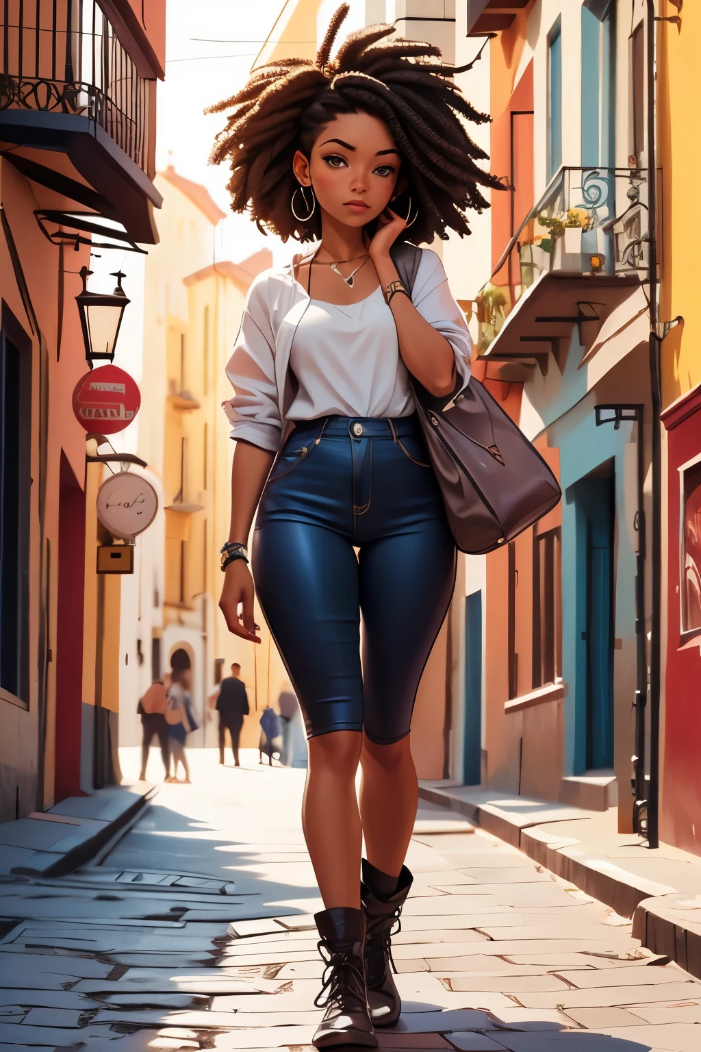 um homem moreno, 1.76 de altura, Cabelo preto, olhos escuros, nariz afilado, ATHLETIC BODY, slight scar on your hand, on a cobblestone road, Casas com tijolos aparentes em tons de branco, azul e amarelo, Num dia de sol. Com riqueza de detalhes e foco principal no homem.  