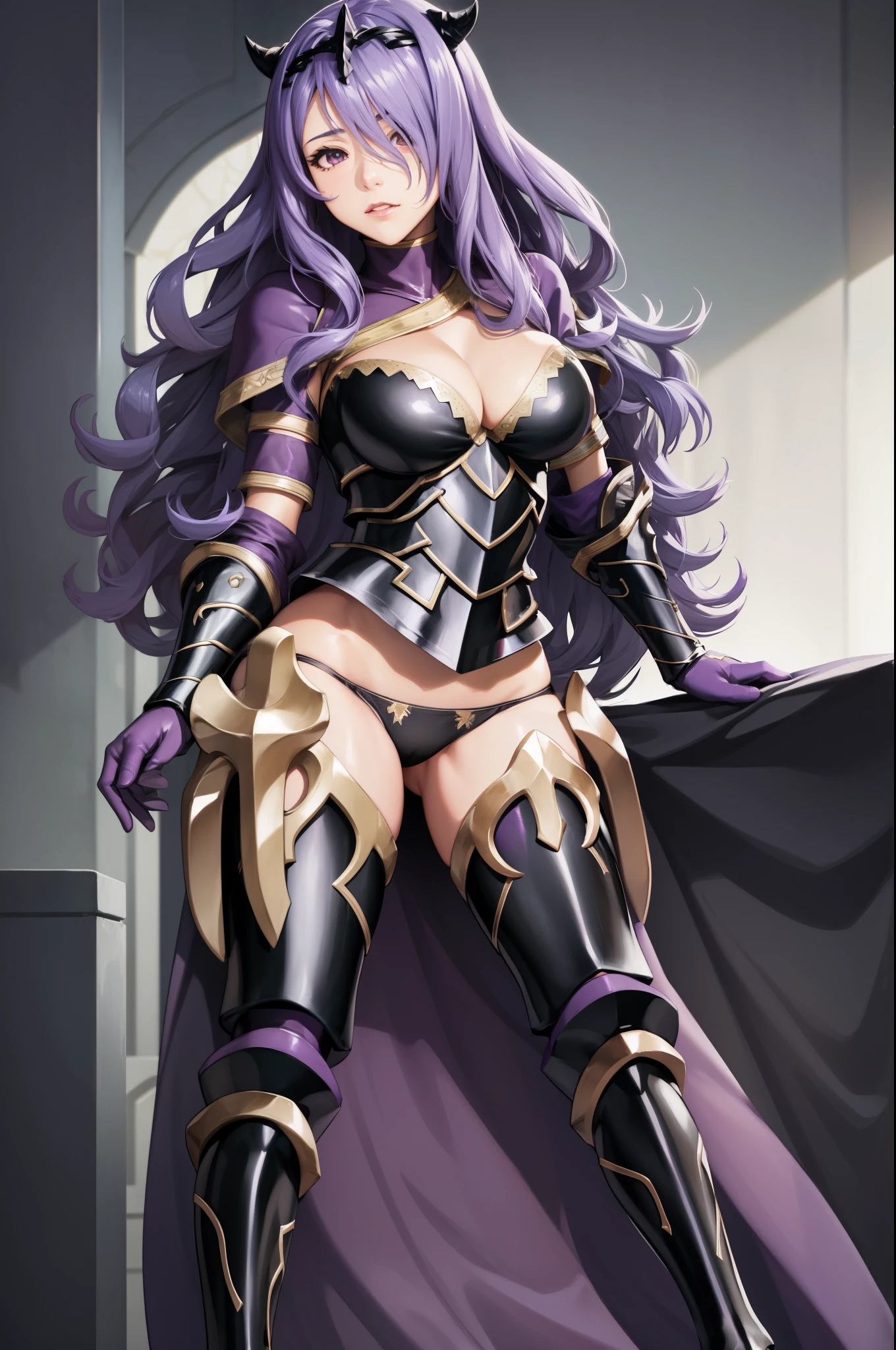 masterpiece, best quality, defCamilla, tiara, armor, gloves, gauntlets, black panties, thigh boots, looking at viewer,