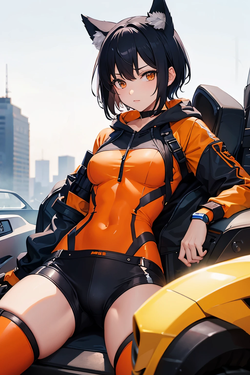 ((masterpiece, best quality, high resolution)), expressive eyes, perfect face, solo, 1girl, short hair, black hair, orange eyes, orange hoodie, orange shorts, black bodysuit, gloves, abs, muscular, wolf ears, wolf tail