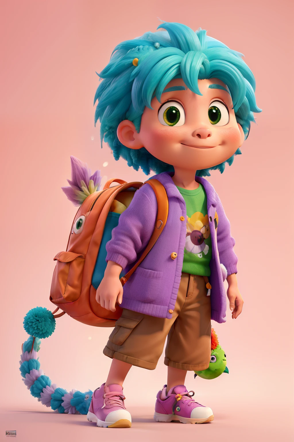 obra de arte, melhor qualidade, uma com 2 anos, cabelos claros e ondulados nas pontas, com 2 pompons laranjas no cabelo, olhos verdes, vestido azul cobalto com uma listra laranja na manga, light pink backpack and pink sneakers