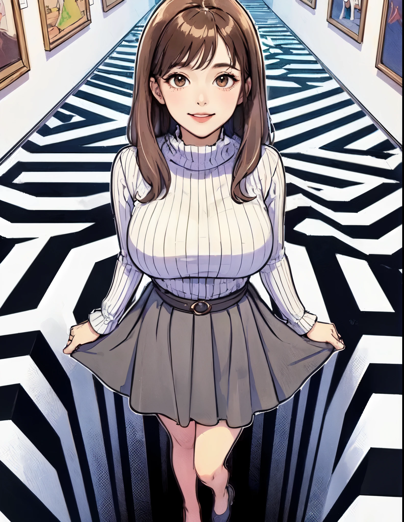 1lady solo (from above), (standing over hole in the floor), (looking up at viewers), (turtleneck sweater) stylish, mature female, /(brown hair/) bangs, blush light smile, (masterpiece best quality:1.2) delicate illustration ultra-detailed, large breasts BREAK (optical illusion:1.2), (floor that appears to have a large hole:1.2), deep hole BREAK (trick art museum) indoors, crowded, detailed background