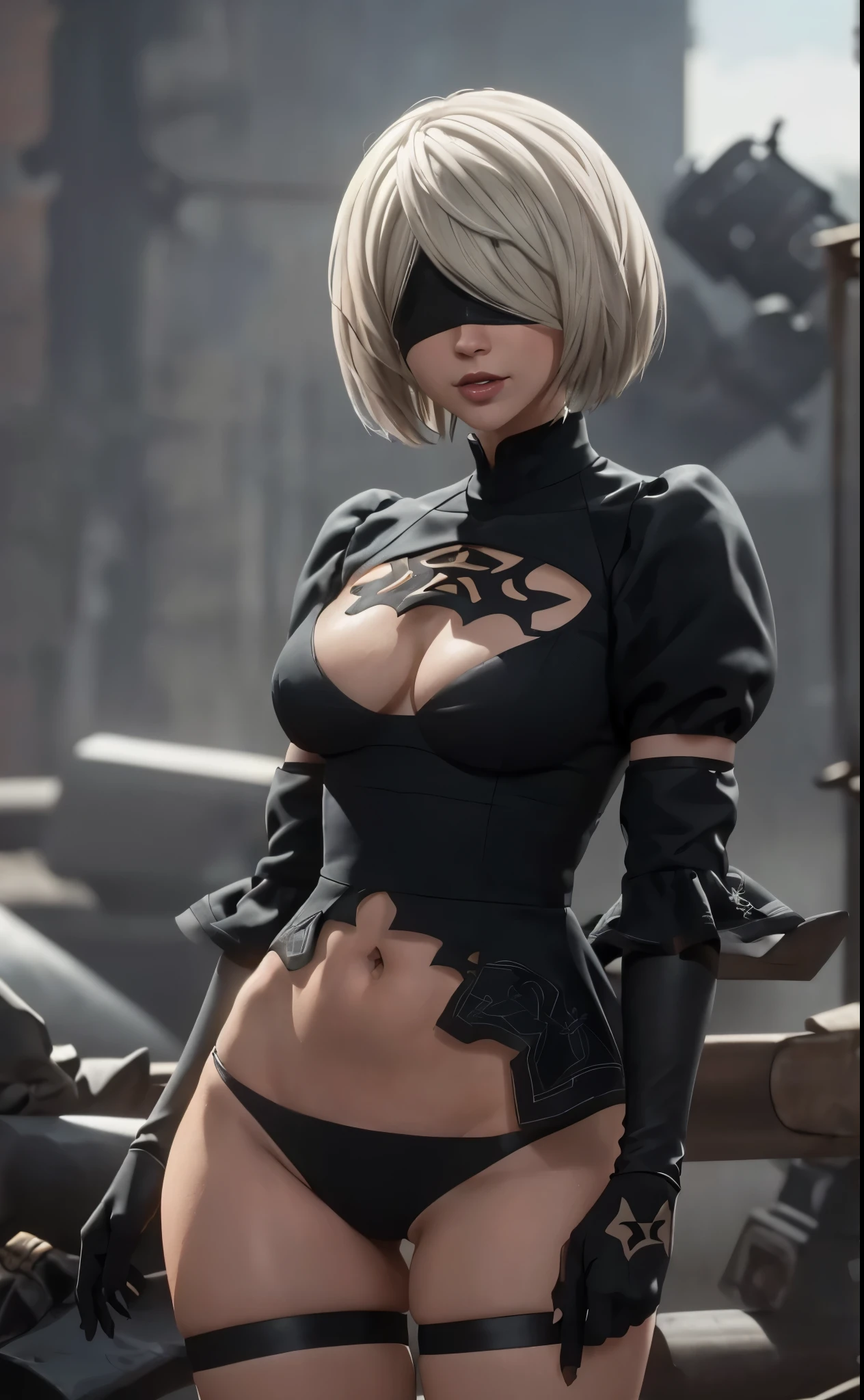 2b, Nier automata, ::((melhor qualidade)), ((obra-prima)), (muito detalhado:1.3)(masterpiece:1.2, melhor qualidade), (masterpiece:1.2, melhor qualidade), ((1girl face very beautiful woman )), ((thick thigs)), (gorgeous legs), (pure sensuality)