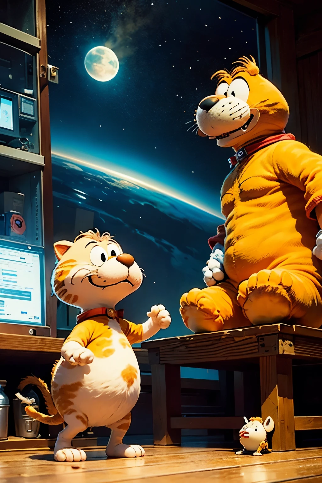 (Full Body Poses, High Detail), Two iconic cartoon characters interact, Garfield the cat with a grumpy expression, Snoopy with a cheerful and hilarious caricature face, Reaction temperature contrast - Garfield looking hot and irritated, Snoopy looking cold and amused, Pixar and Disney studios collaboration, Animated illustration brought to life by ChrisWaikikiAI, Close-up focus on the characters' faces, Blurred background creating a light haze effect, Ultra-detailed description of Garfield's curved body and Snoopy's fluffy ears and coat.
Garfield, with his snout scrunched up