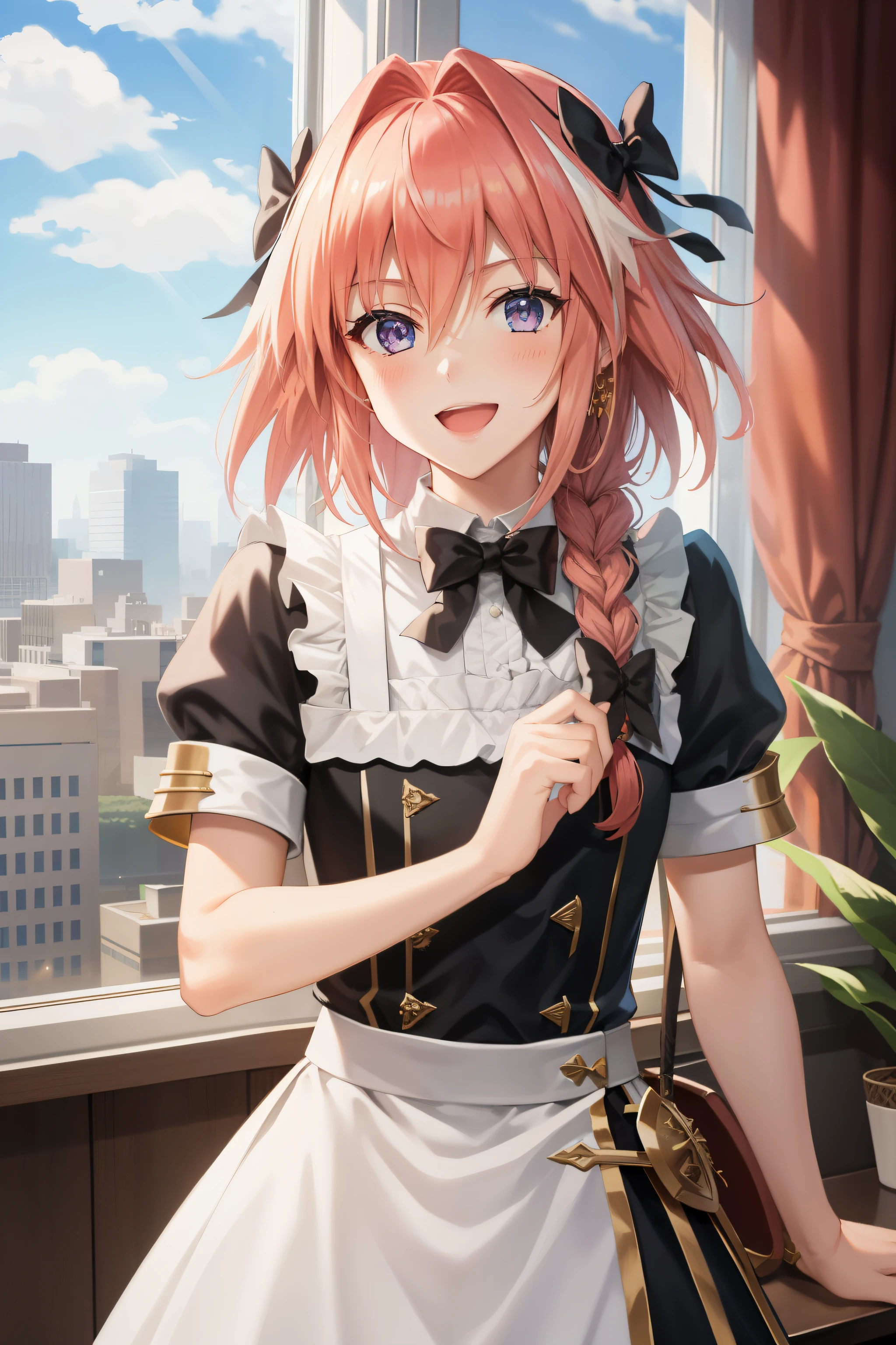 masterpiece, best quality, cloud strife, crossdressing, twin braids, male focus, frilled dress, hair bow, smile, looking at viewer, upper body, hotel room