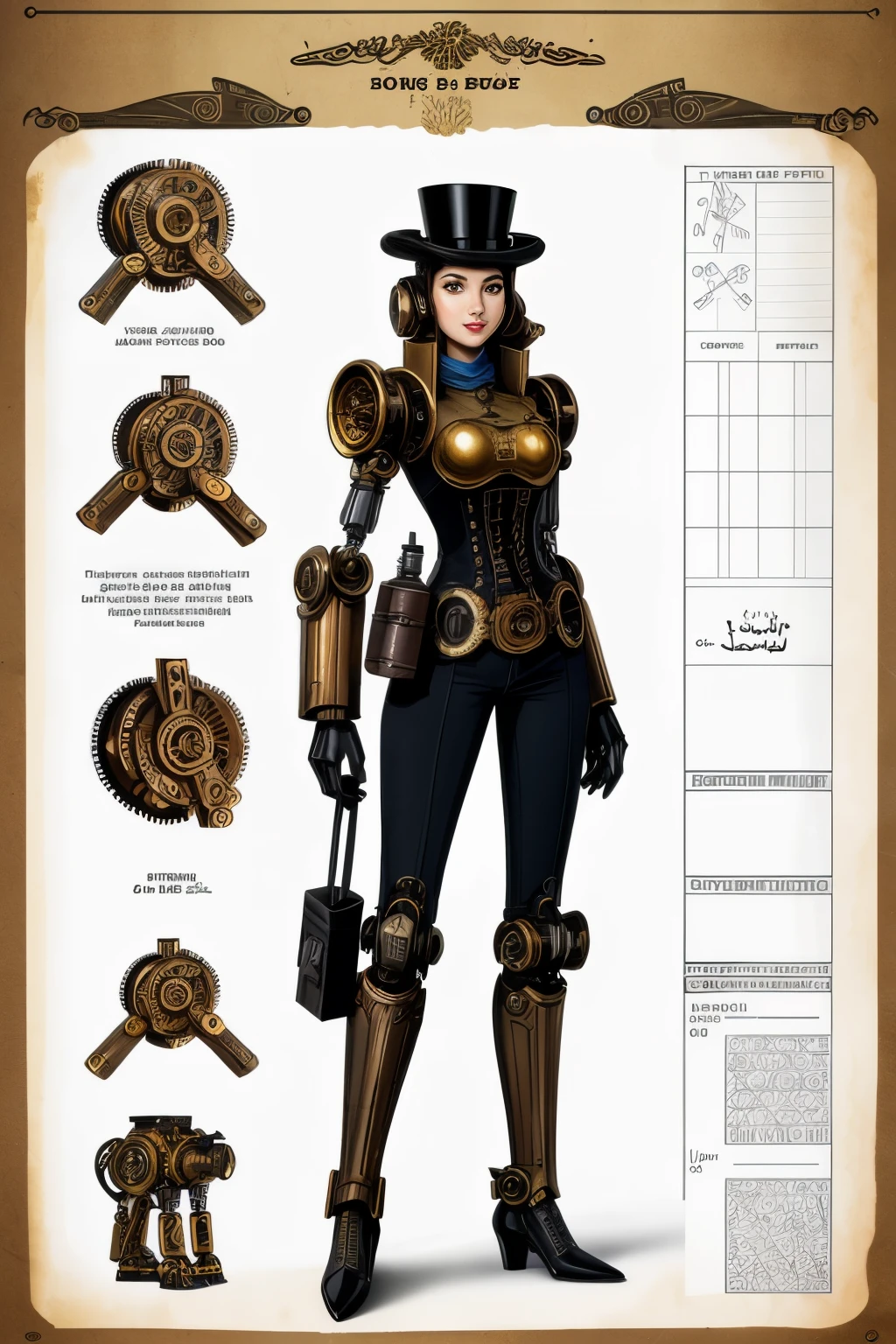 dark faced robot,full golden body have steampunk and Arabian ecstatic , full body shot, mix of bold dark lines and loose lines, bold lines, on paper, turnaround character sheet, a short fat mechanic in steampunk world,