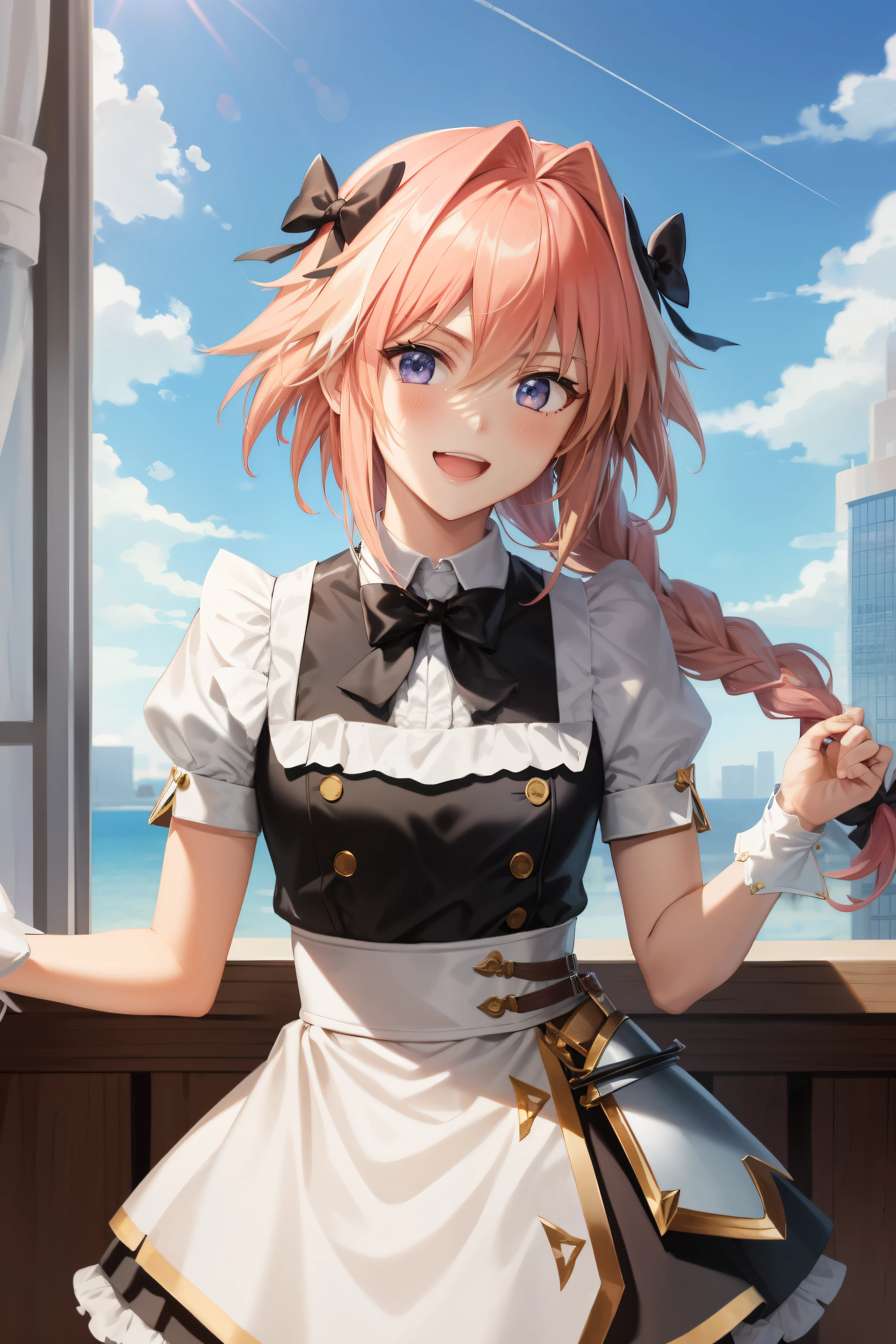 masterpiece, best quality, cloud strife, crossdressing, twin braids, male focus, frilled dress, hair bow, smile, looking at viewer, upper body, hotel room
