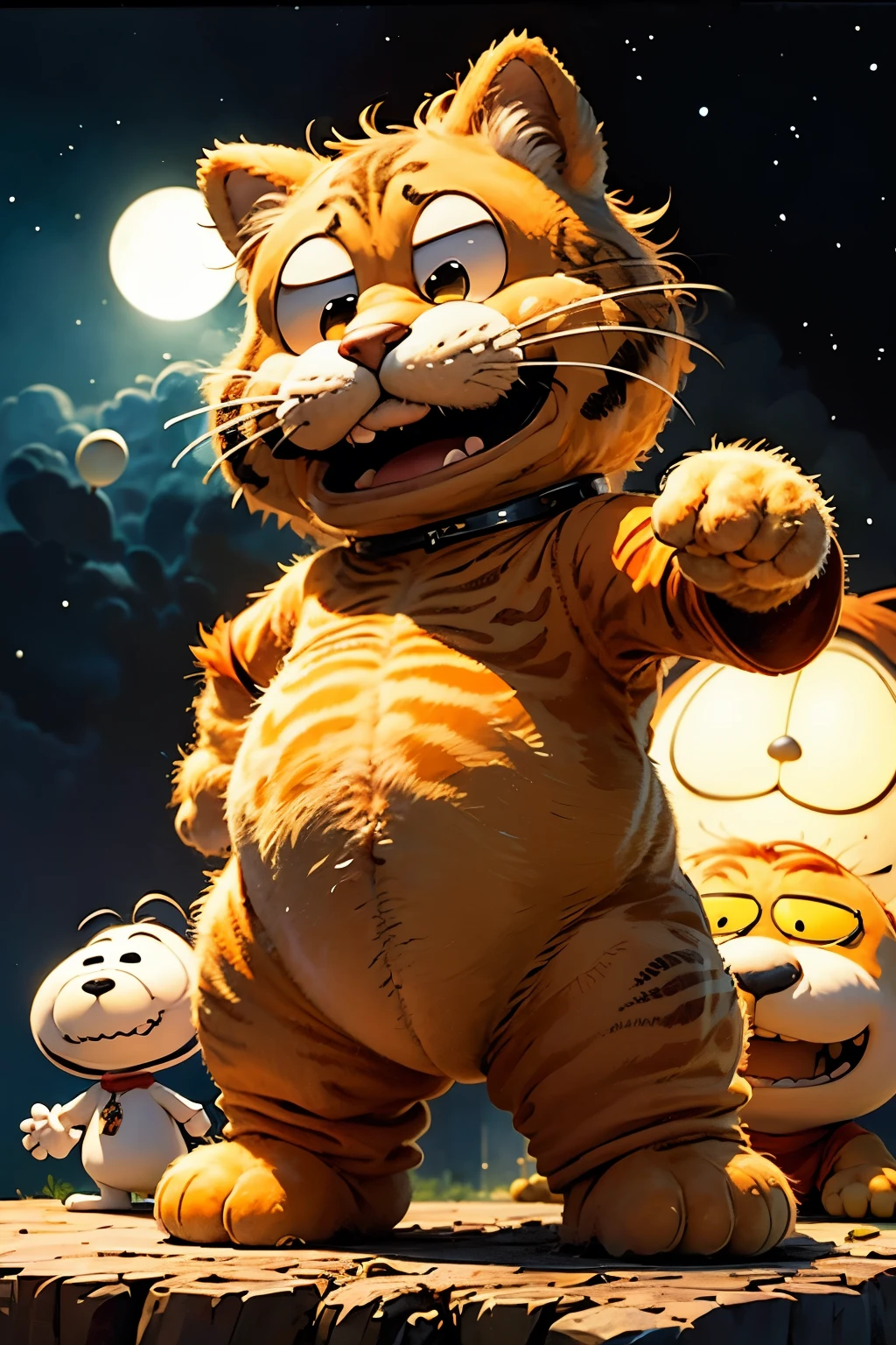 (Full Body Poses, High Detail), Two iconic cartoon characters interact, Garfield the cat with a grumpy expression, Snoopy with a cheerful and hilarious caricature face, Reaction temperature contrast - Garfield looking hot and irritated, Snoopy looking cold and amused, Pixar and Disney studios collaboration, Animated illustration brought to life by ChrisWaikikiAI, Close-up focus on the characters' faces, Blurred background creating a light haze effect, Ultra-detailed description of Garfield's curved body and Snoopy's fluffy ears and coat.

Garfield, with his snout scrunched up