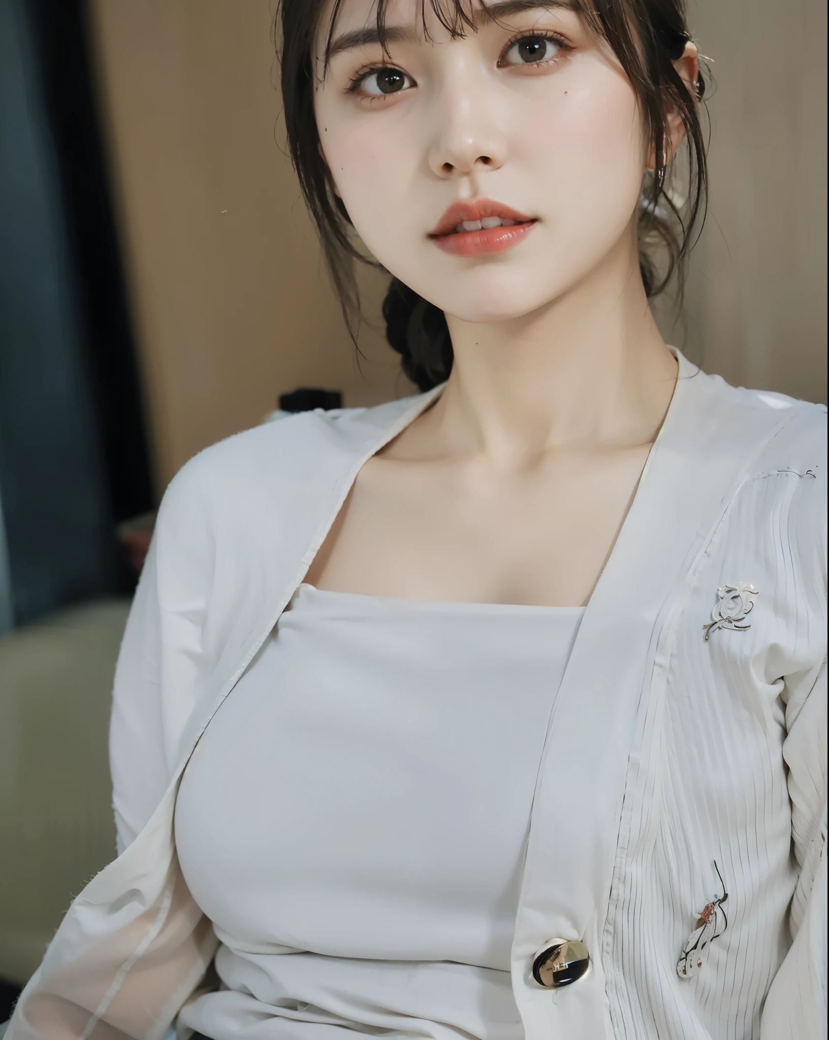 Top quality, one beautiful woman, 20 years old, 35mm lens, f/1, dark brown eyes, glasses, braids, black hair, pale skin, medium chest, slendar body, look at viewer