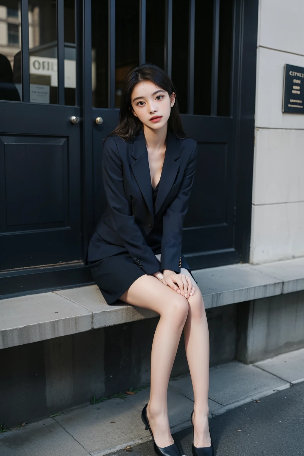 best quality, full body portrait, delicate face, pretty face, 16-year-old woman, slim figure, big bust, OL, office clothing, Navy blue, no shoes, exterior, sitting position