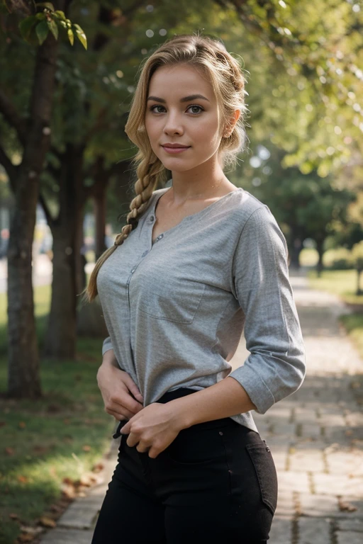 blonde de 25 ans, very classy, en tenue pour aller au bureau, chandail gris long, Tight black pants, yeux verts bleus, marche dans le parc, flirte avec la camera, cheveux blonds, cheveux blancs, french braid, Makeup, sourire, 85 mm, chanoine, f/1.2, UHD, anatomiquement correct, Masterpiece, textured skin, super detail, High Details, High quality, award winning, Best quality, high resolucion, 8k, blurred background, Light at the beginning of the day, (Marilyn Monroe:0.8)