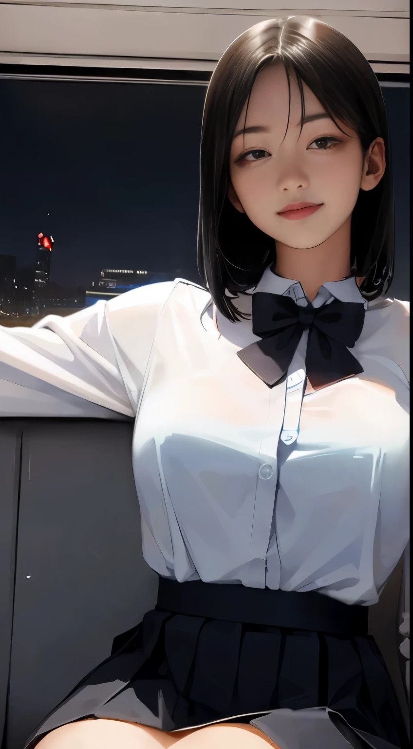 (8K, RAW photo, highest quality, masterpiece: 1.2), (realistic, photo-realistic: 1.37), super detailed, 1 girl, cute, alone, beautiful and detailed sky, Detailed Coffee, night, sitting, (Flushed nose), (smile: 1.1), (closed your mouth), big breasts, beautiful and fine eyes, (collared shirt: 1.1), bow tie, pleated skirt, (short hair: 1.2), long hair, Take a big ice cream,