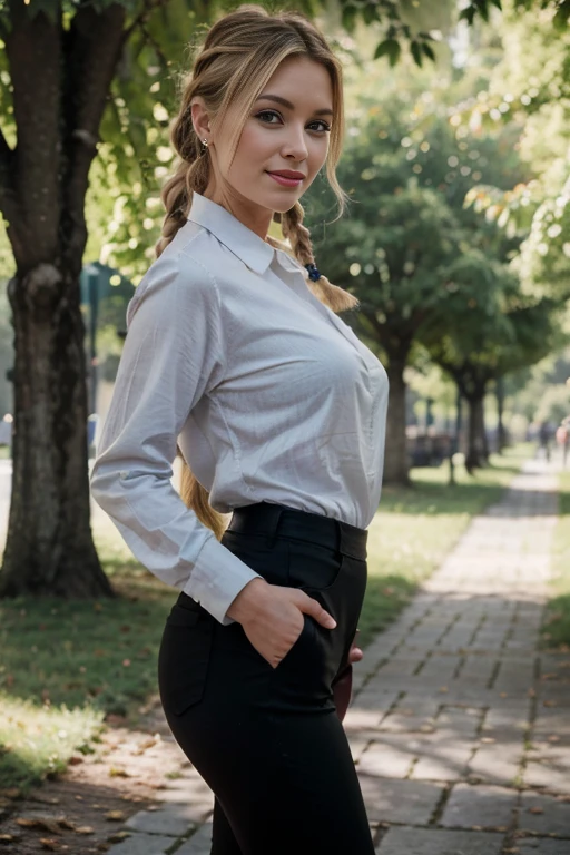 blonde de 25 ans, very classy, en tenue pour aller au bureau, chandail gris long, Tight black pants, yeux verts bleus, marche dans le parc, flirte avec la camera, cheveux blonds, cheveux blancs, french braid, Makeup, sourire, 85 mm, chanoine, f/1.2, UHD, anatomiquement correct, Masterpiece, textured skin, super detail, High Details, High quality, award winning, Best quality, high resolucion, 8k, blurred background, Light at the beginning of the day, (Marilyn Monroe:0.8)