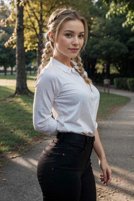 blonde de 25 ans, very classy, en tenue pour aller au bureau, chandail gris long, Tight black pants, yeux verts bleus, marche dans le parc, flirte avec la camera, cheveux blonds, cheveux blancs, french braid, Makeup, sourire, 85 mm, chanoine, f/1.2, UHD, anatomiquement correct, Masterpiece, textured skin, super detail, High Details, High quality, award winning, Best quality, high resolucion, 8k, blurred background, Light at the beginning of the day, (Marilyn Monroe:0.8)