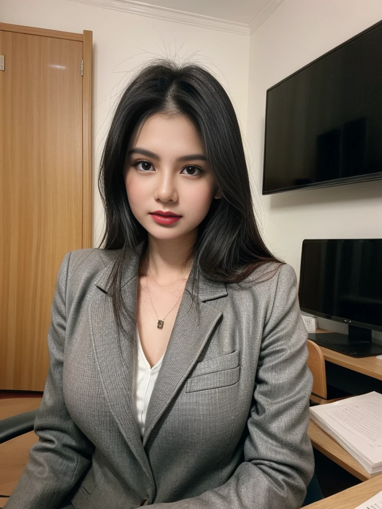 (RAW photogr:1.2),The highest quality, 1girl in gray suit sitting at desk,Female anchor of news