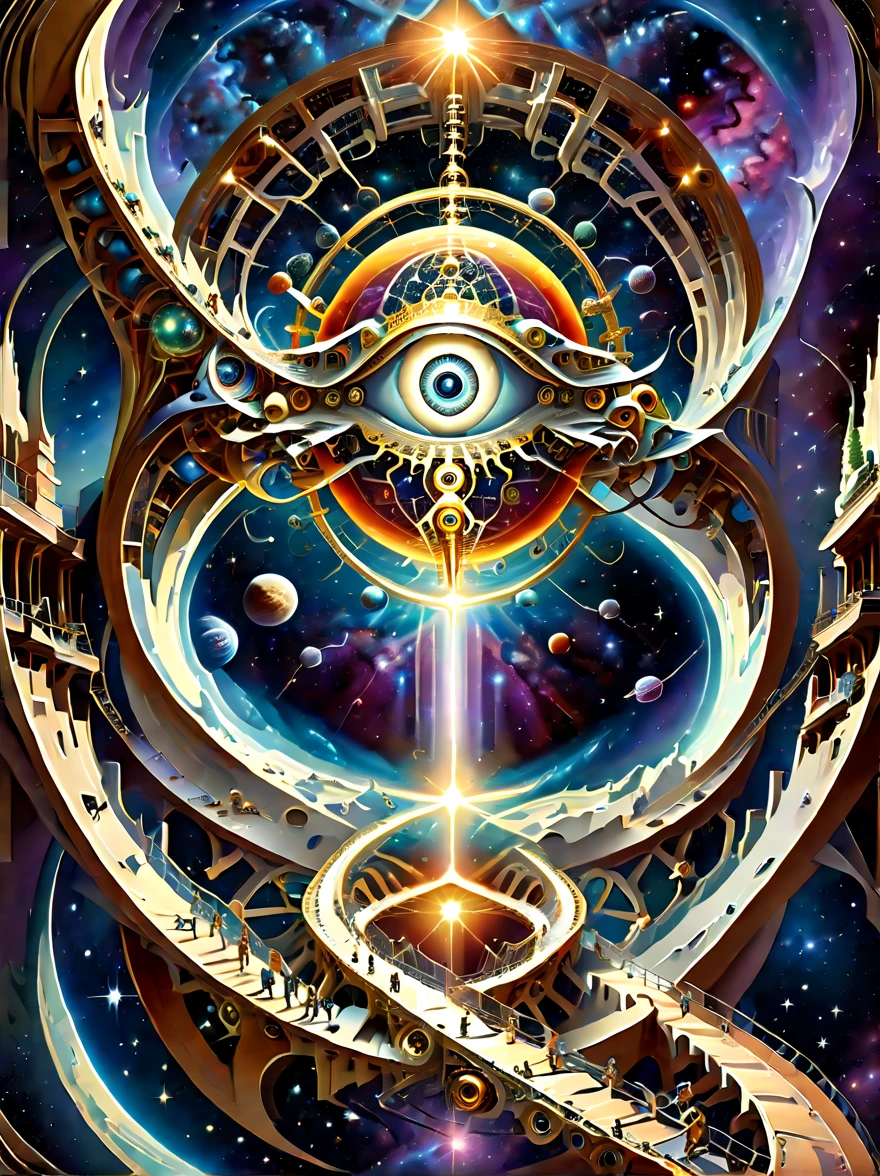 ((escher illusion art style:1.8)),(eyes,space,universe,galaxy,celestial ladder,technology,machinery,chains),composition should be intricate and complex,featuring geometric shapes and patterns to connect these elements in a way that creates strong visual illusions,with the eye as a central element,surrounded by a depiction of universes and galaxies,and advanced technology and machinery elements weaved in,the celestial ladder could be made of chains or mechanical parts,and should connect different parts of the image together,defying gravity and perspective,the overall design should be mesmerizing,creating a sense of disorientation and bewilderment to the viewer,(strong sense of visual illusion)