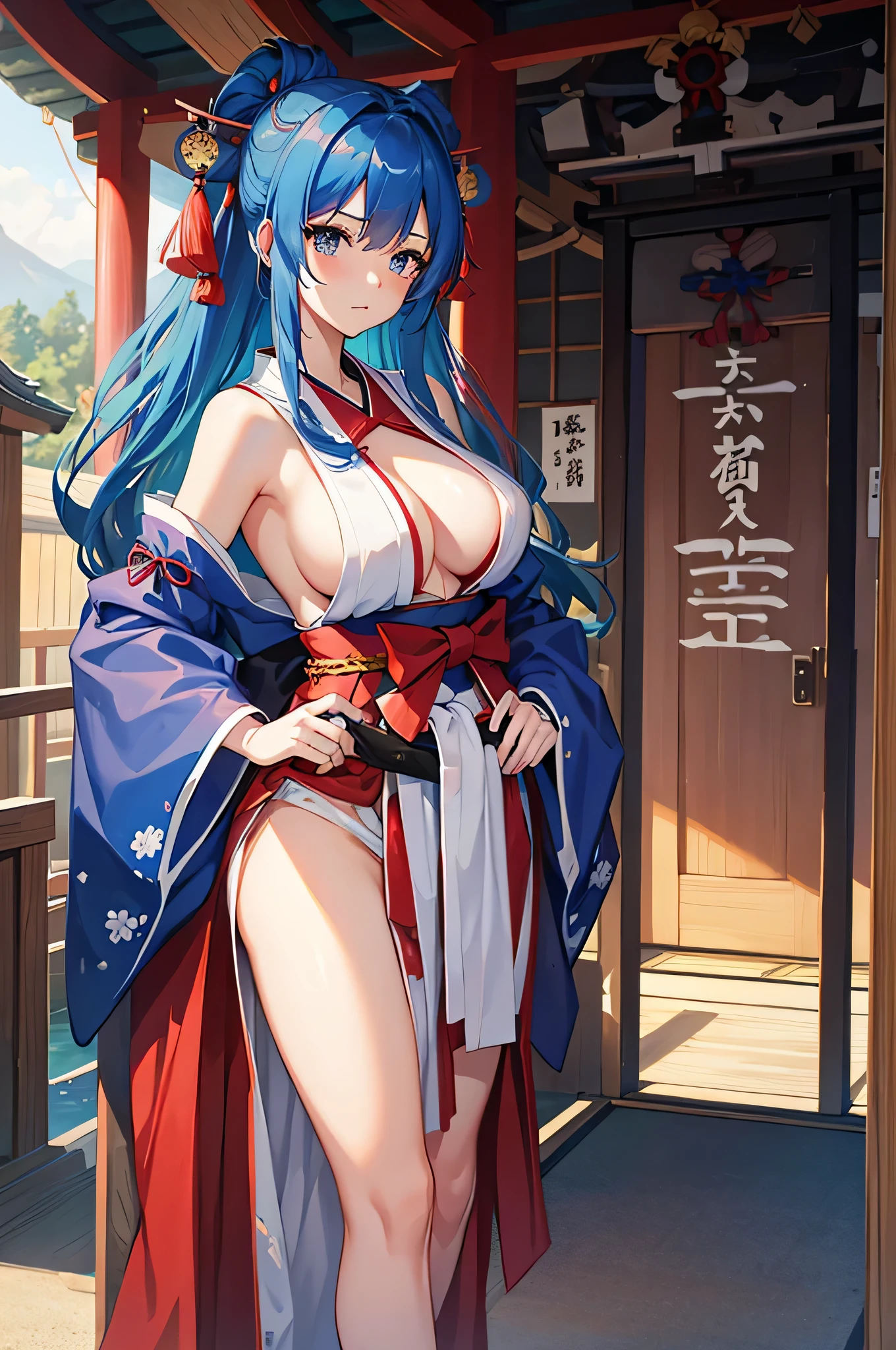 4K,High resolution,one woman,blue hair,long hair,big breasts,shrine maiden,shrine maiden服,side boob,removed sleeve,same as skirt,Japanese sword,japanese castle