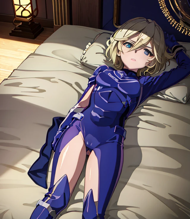 highest quality,sleep on your back in bed，Crab crotch，show me your boots，thigh high boots，leotardチラ見せ，glove，elegant, 1 girl, leotard，body suit，cute, blushed, looking at the viewer, from below, prison，blue eyes, beautiful eyes, beautiful background, particles of light, Light of the sun, dramatic lighting, outside, shiny, realistic, table top, highest quality, Super detailed, get used to it, scenery, beautiful and detailed eyes, thin hair，full body shot，