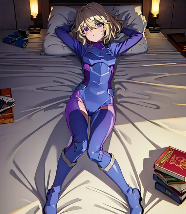 highest quality,sleep on your back in bed，Crab crotch，show me your boots，thigh high boots，leotardチラ見せ，glove，elegant, 1 girl, leotard，body suit，cute, blushed, looking at the viewer, from below, prison，blue eyes, beautiful eyes, beautiful background, particles of light, Light of the sun, dramatic lighting, outside, shiny, realistic, table top, highest quality, Super detailed, get used to it, scenery, beautiful and detailed eyes, thin hair，full body shot，