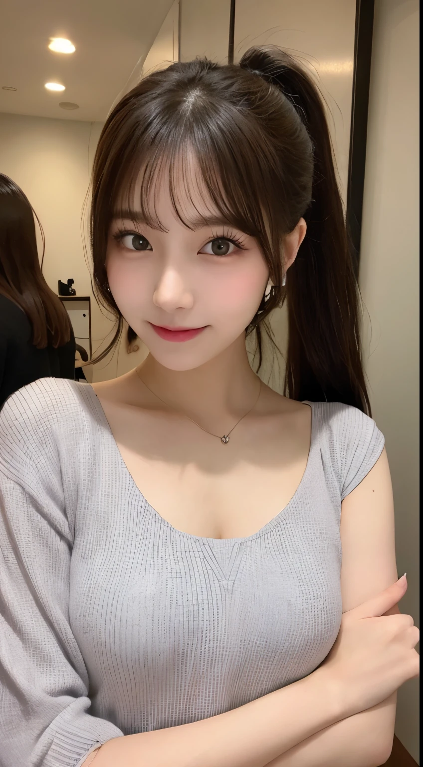 table top, highest quality, shape, Super detailed, finely, High resolution, 8k wallpaper, 完璧なダイナミックな構shape, beautiful and detailed eyes, Trendy Women's Winter Fashion,ponytail,small breasts natural color lip, sexy pose,smile,Harajuku、20 year old girl、sexy look for the camera