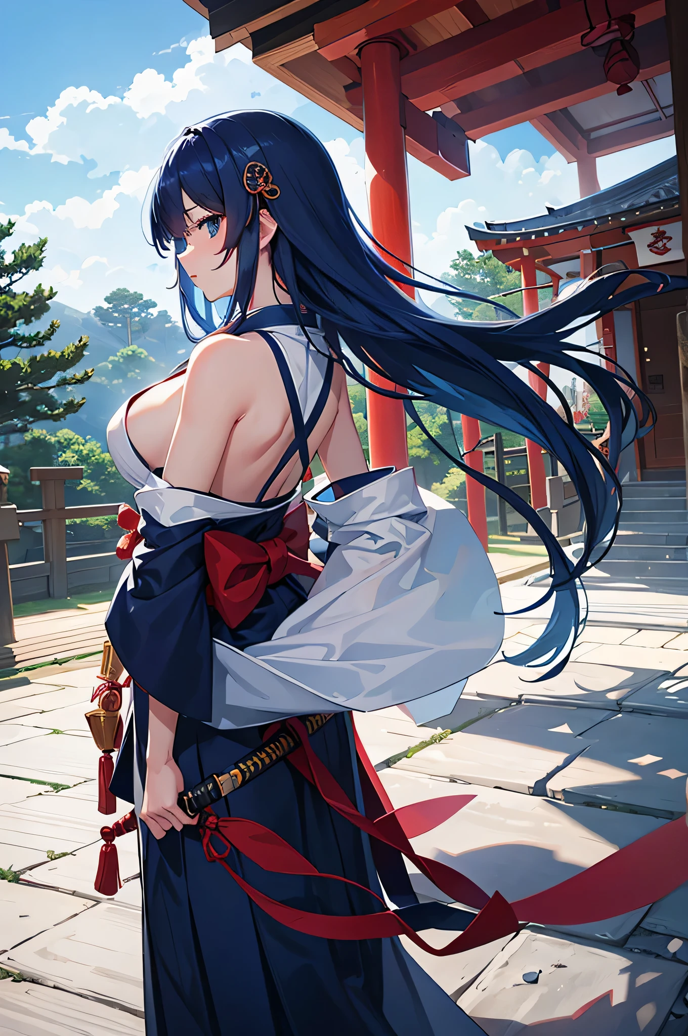 4K,High resolution,one woman,blue hair,long hair,big breasts,Japanese sword,shrine maiden,shrine maiden服,side boob,removed sleeve,same as skirt,Japan castle town