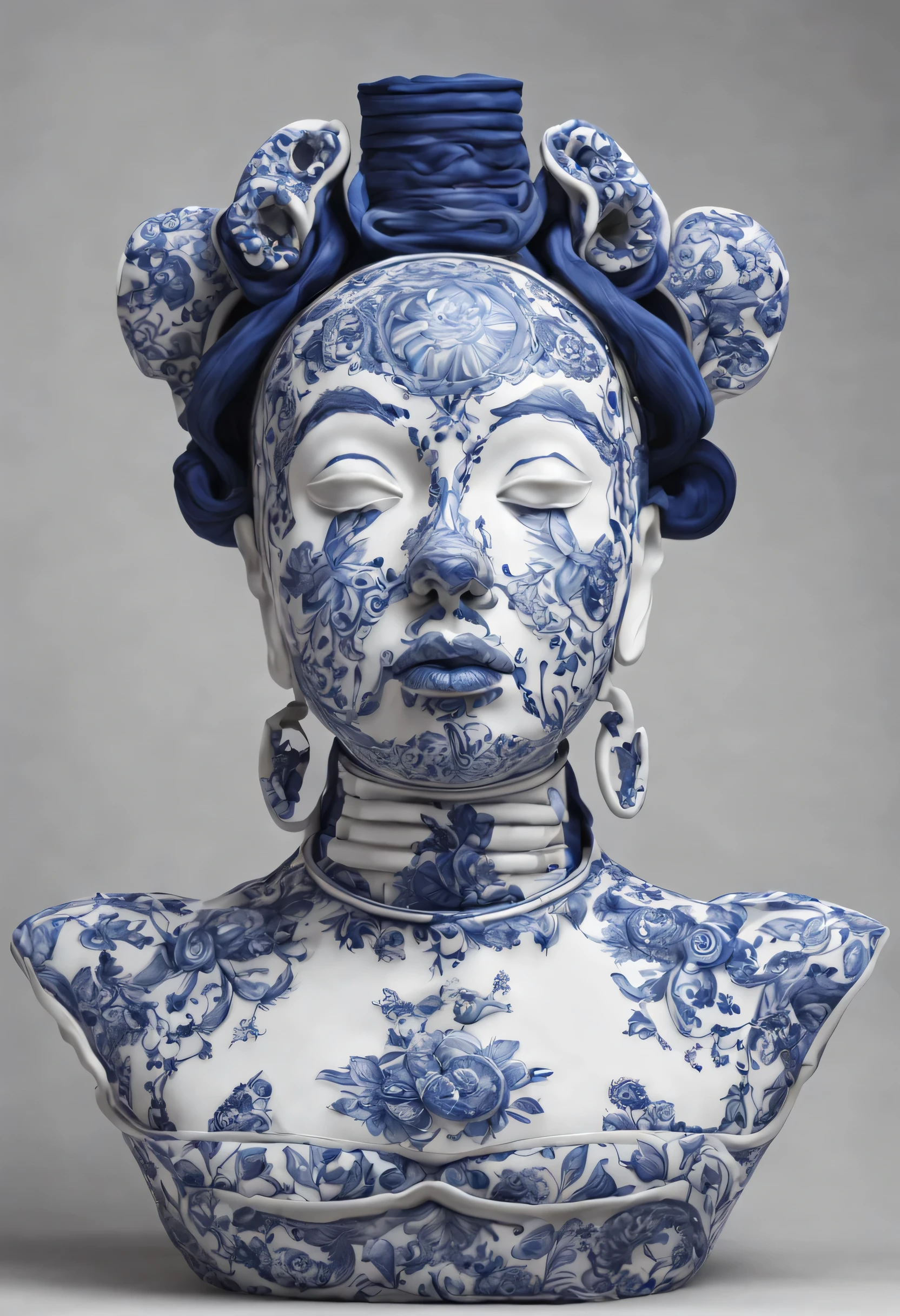 a woman made out of porcelain, in the style of balanced symmetry, white and blue, detailed facial features, organic forms, meticulous portraiture, complex patterns