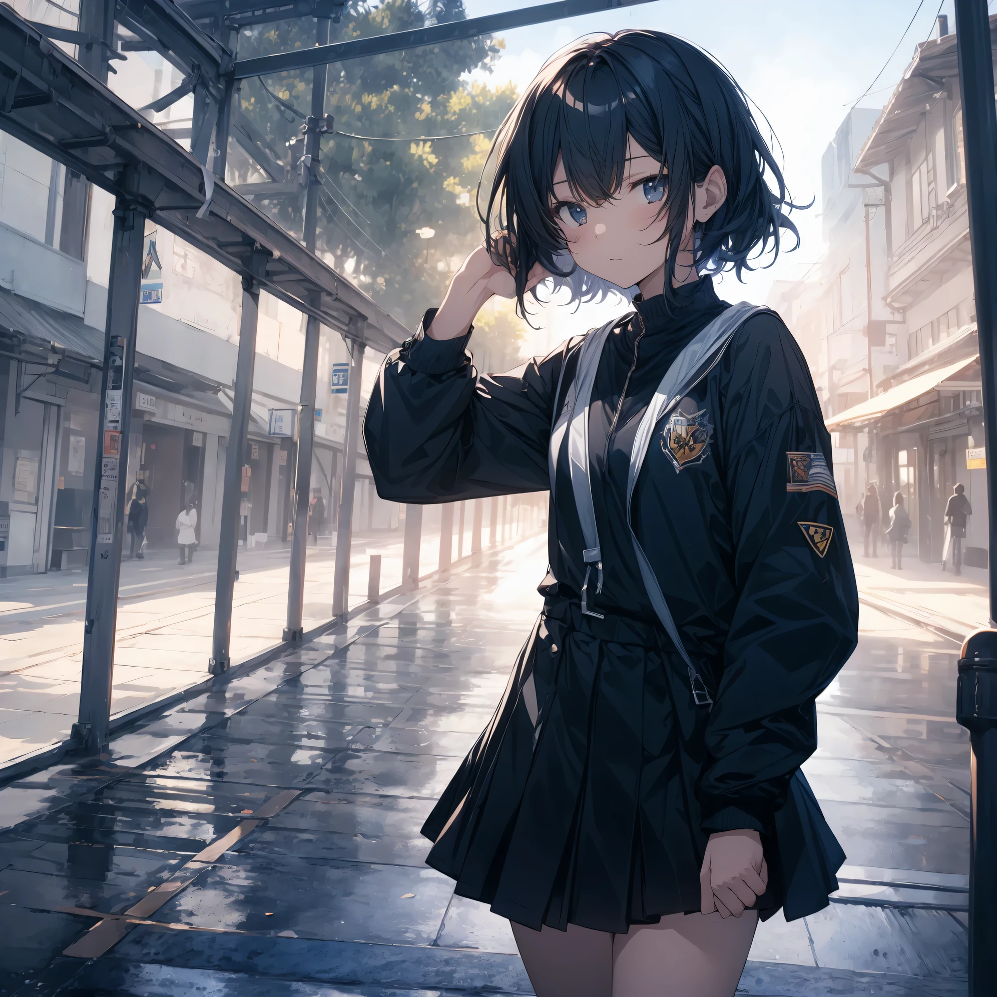 Super high quality by the art god, super detailed, High resolution,Kyoto animation style, anime moe art style, best anime 8K konachan wallpaper, pixiv contest winner, perfect anatomy, break,(眠そうにalone学校へ行く女の子を描いてください. ),break, surreal high school girl, (alone,lolita,13 years old:1.3),All limbs, full finger,, androgynous charm, (very short hair), messy hair, flat chest, small ass, between legs, Small black eyes,beautiful and fine eyes, Well-proportioned iris and pupils, disgusted eyes, High resolutionの詳細な髪, wearing , (skirt), On the way to school. break,super dense skin, Best lighting by famous artists, 8K, figure,