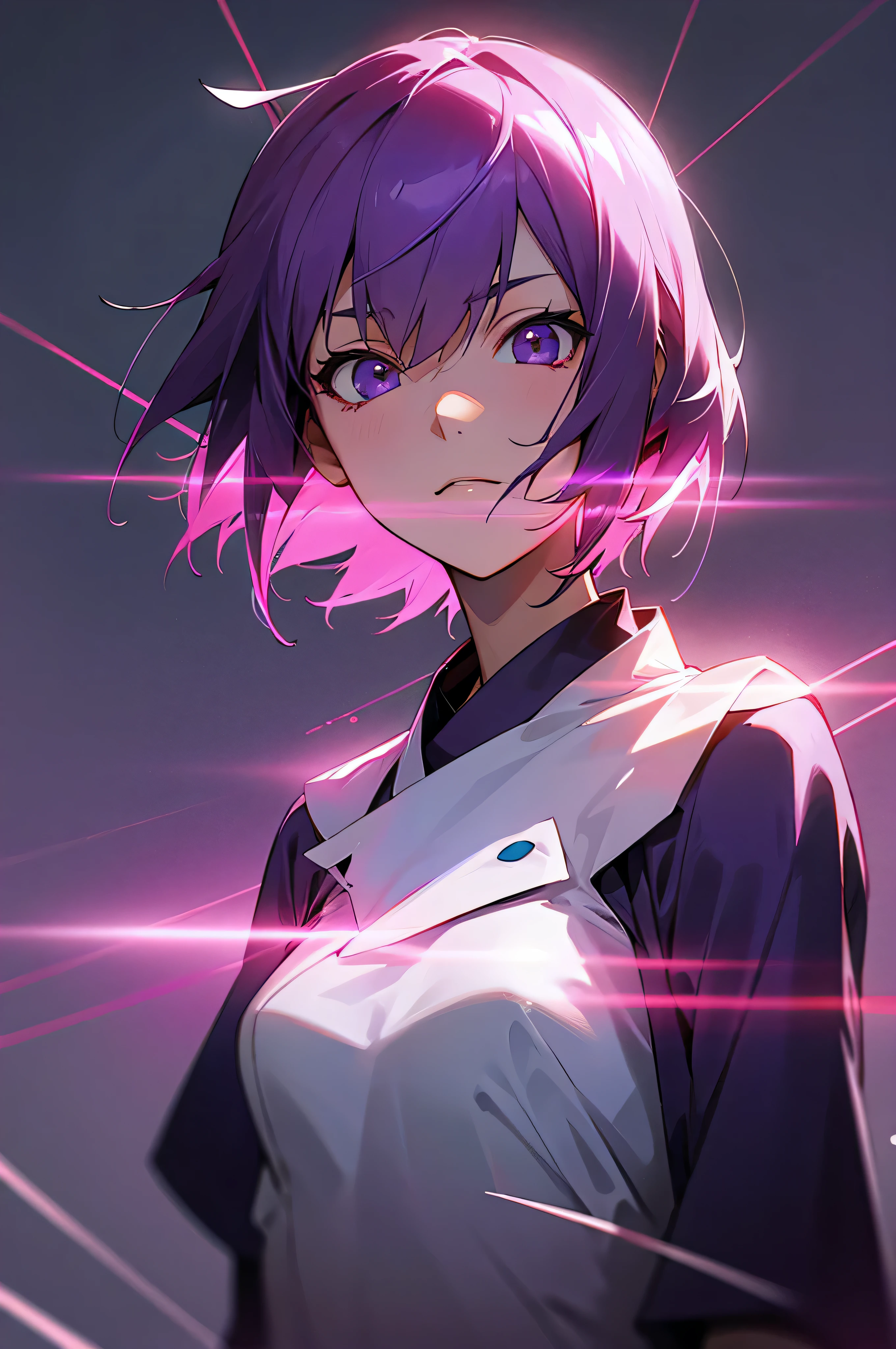 Senjougahara Hitagi、view of neon、neon laser、Upper body、looking at the camera