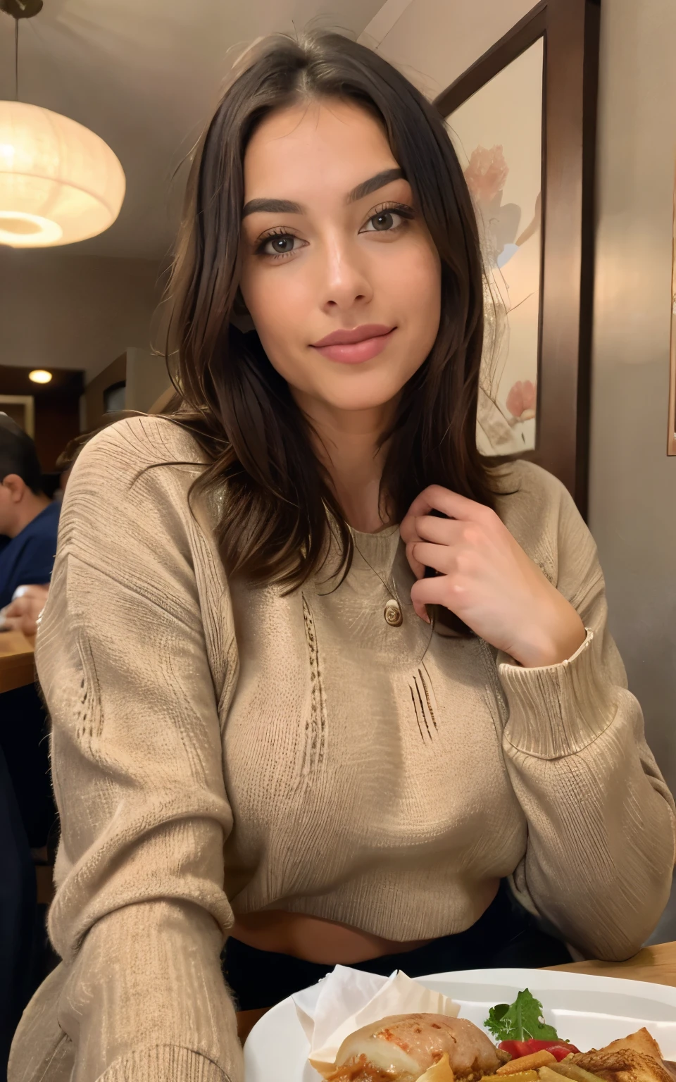 Beautiful brunette wearing beige sweater (having lunch at a Chinese restaurant), muito detalhado, 18 anos, rosto inocente, Cabelo longo, ponies,cauda olhos azuis, high resolution, obra de arte, melhor qualidade, detalhes intrincados, altamente detalhado, sharp focus, pele detalhada, realista skin textura, textura, olhos detalhados, profissional, 4k, sorriso charmoso, filmado em Canon, 85mm, profundidade superficial de campo, Kodak Vision Colors,  corpo em forma perfeita, extremamente detalhado, foto_\(ultra\), photorealista, realista, post-processing, maximum detail, rugosidade, Vida real, ultra realista, fotorrealismo, fotografia, 8K Ultra HD, fotografia