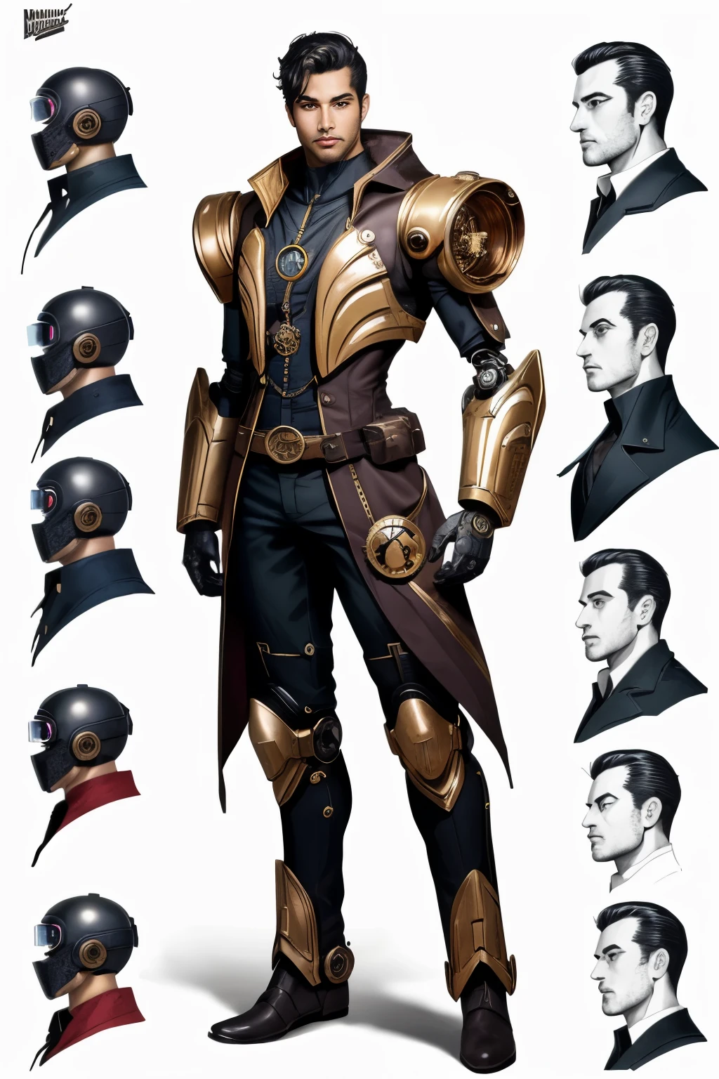 dark faced male robot,full golden body have steampunk and Arabian ecstatic , full body shot, mix of bold dark lines and loose lines, bold lines, on paper, turnaround character sheet, a short fat mechanic in steampunk world,